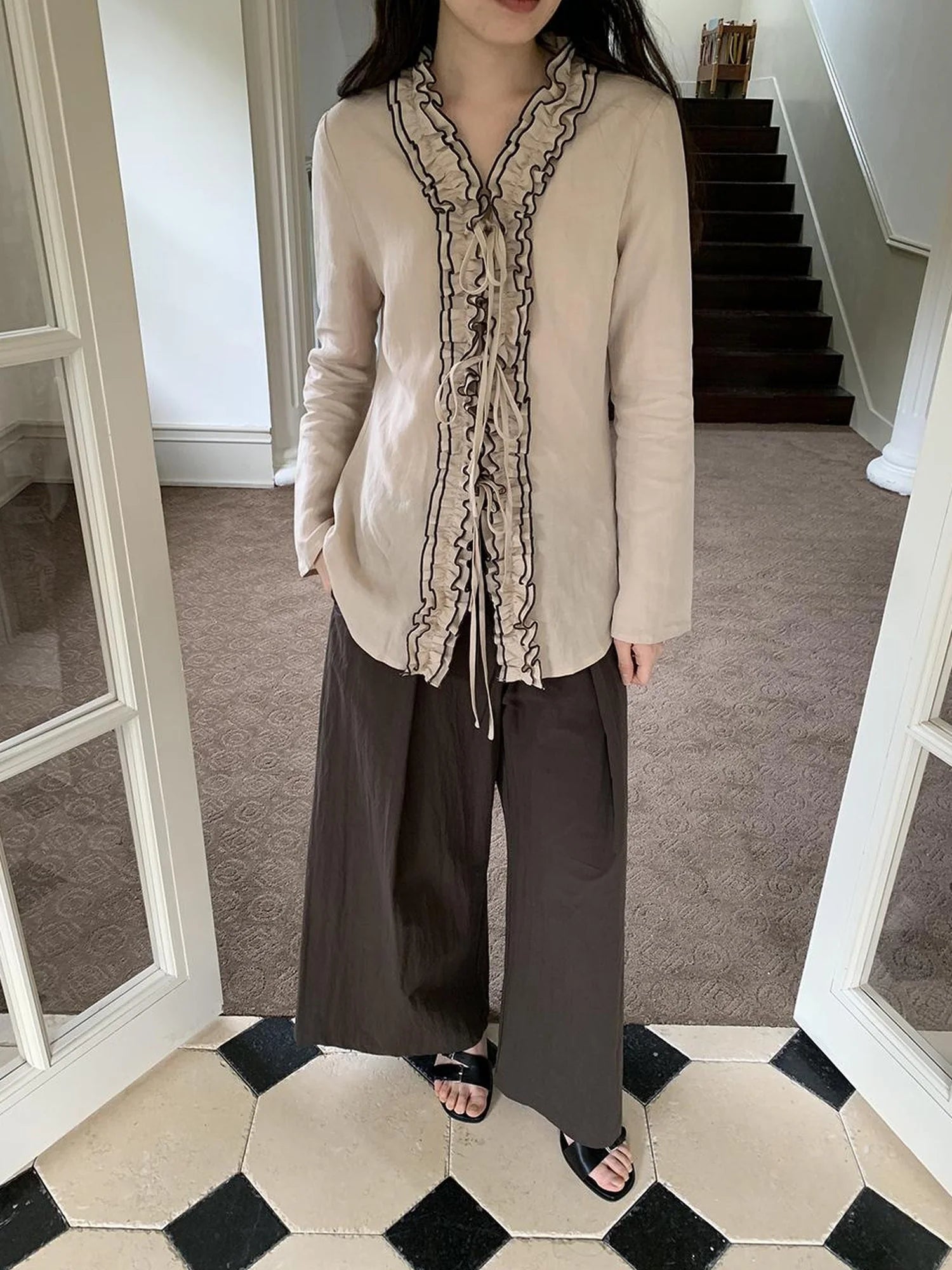 Lace Trimmed Tied Waist Linen Blend Shirt