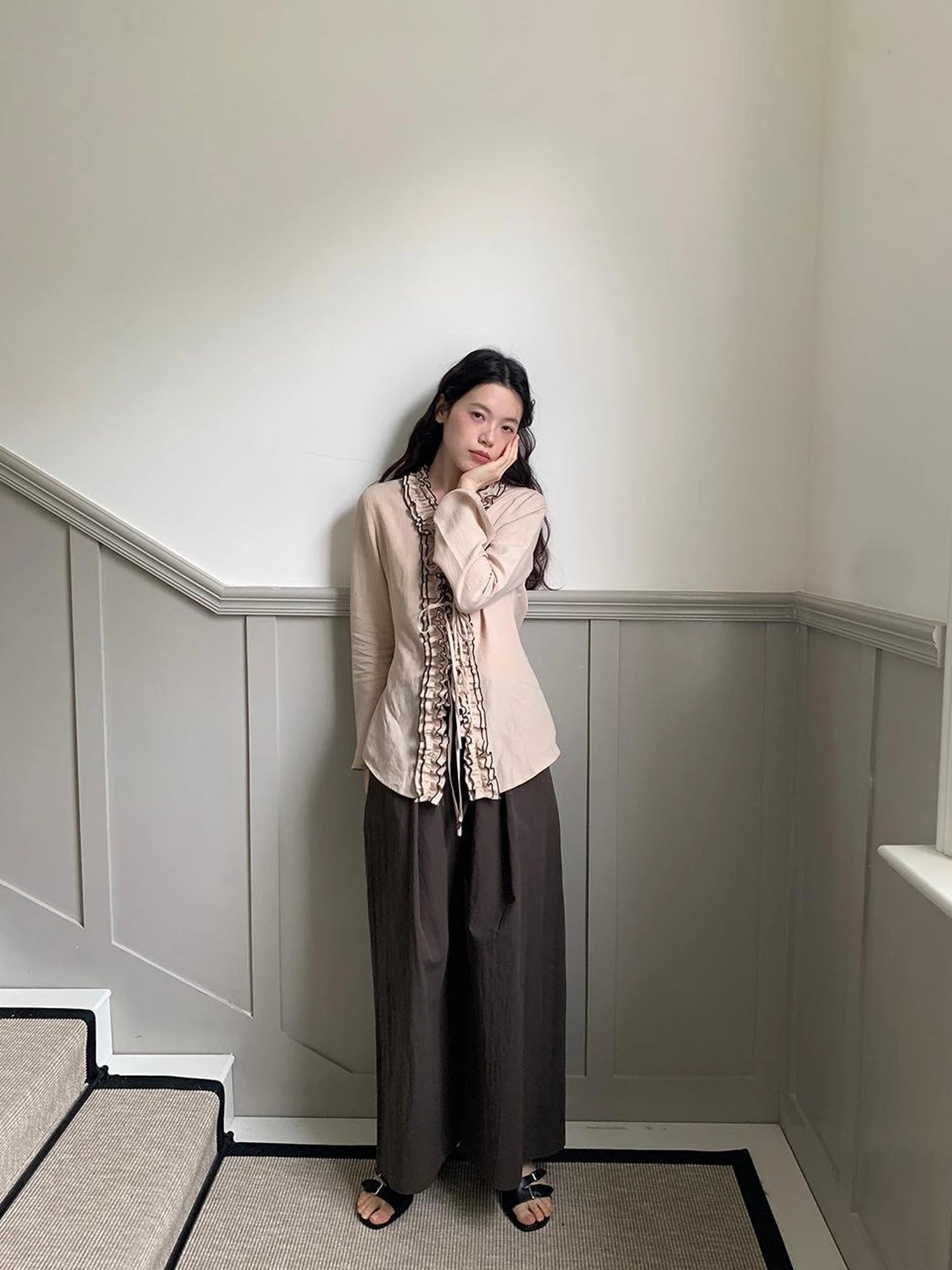 Lace Trimmed Tied Waist Linen Blend Shirt