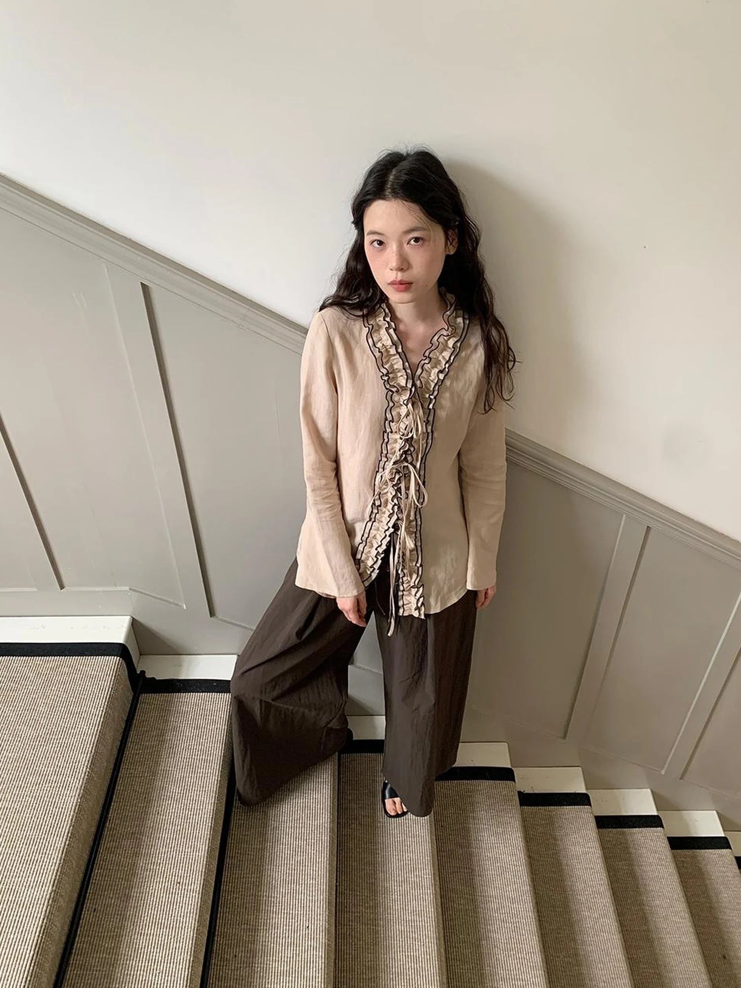 Lace Trimmed Tied Waist Linen Blend Shirt