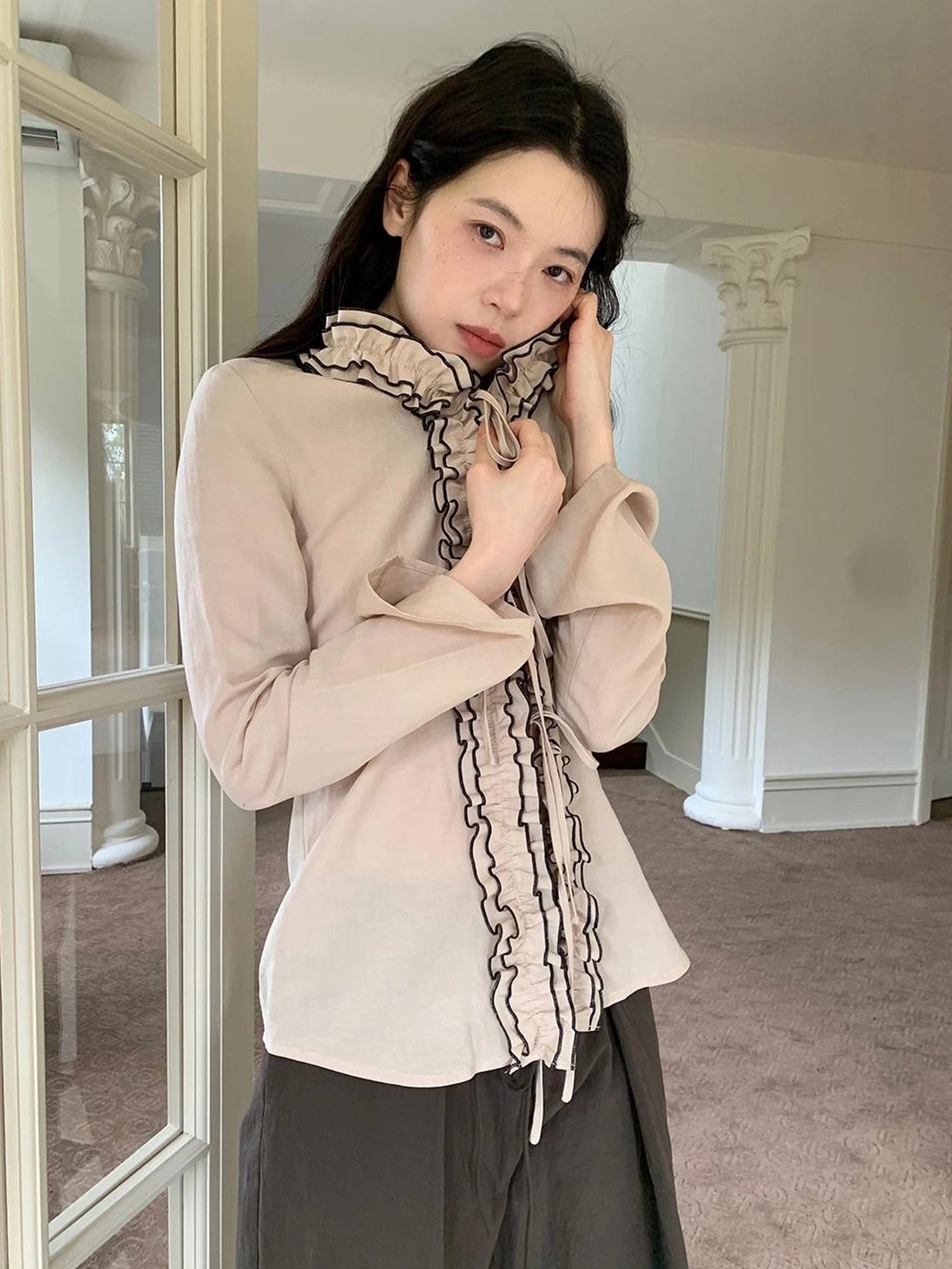 Lace Trimmed Tied Waist Linen Blend Shirt