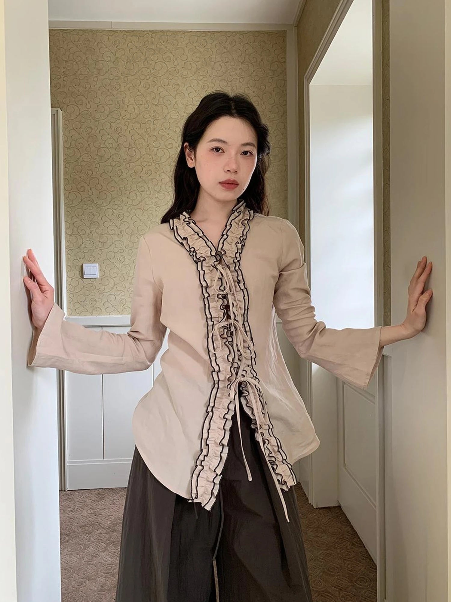 Lace Trimmed Tied Waist Linen Blend Shirt