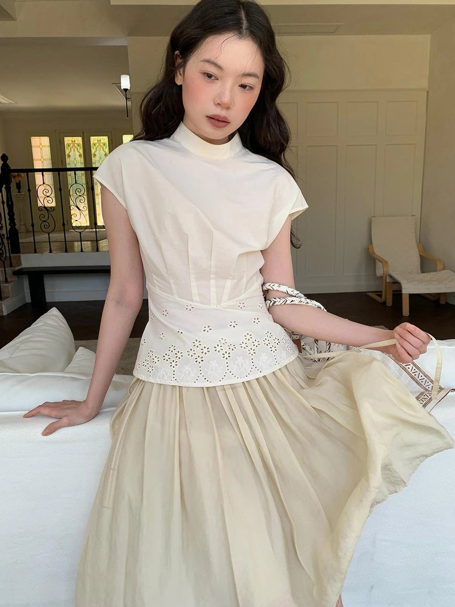 Layered Sheer Ruffle Hem White A Line Skirt
