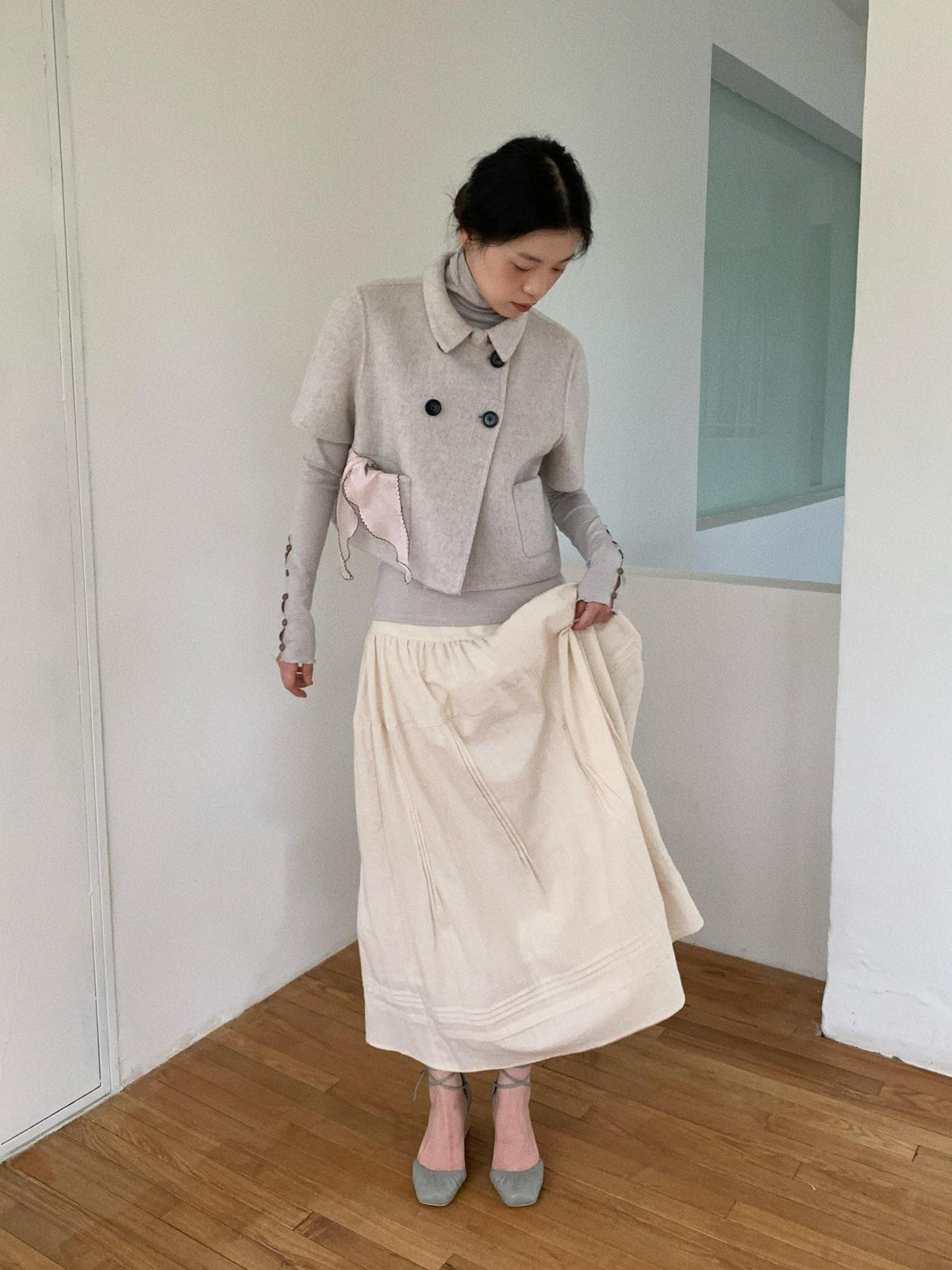 Dorydory Light Gray Cutout Cuff Slim Fit Wool Blend Women&