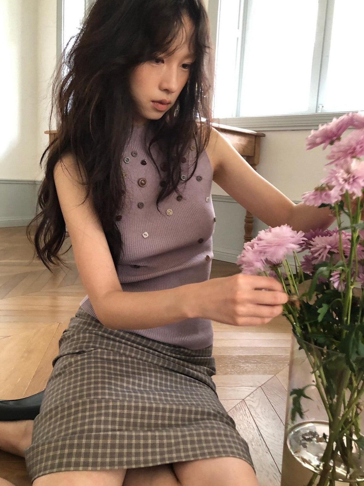 Dorydory Light Grey Purple Button Knit Women&