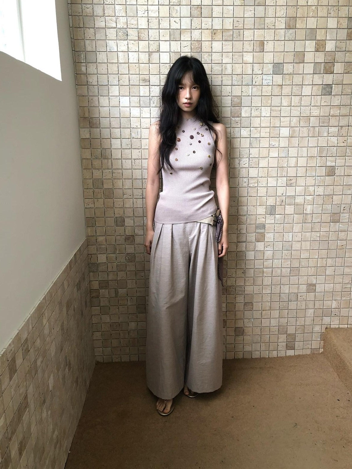 Dorydory Light Grey Purple Button Knit Women&