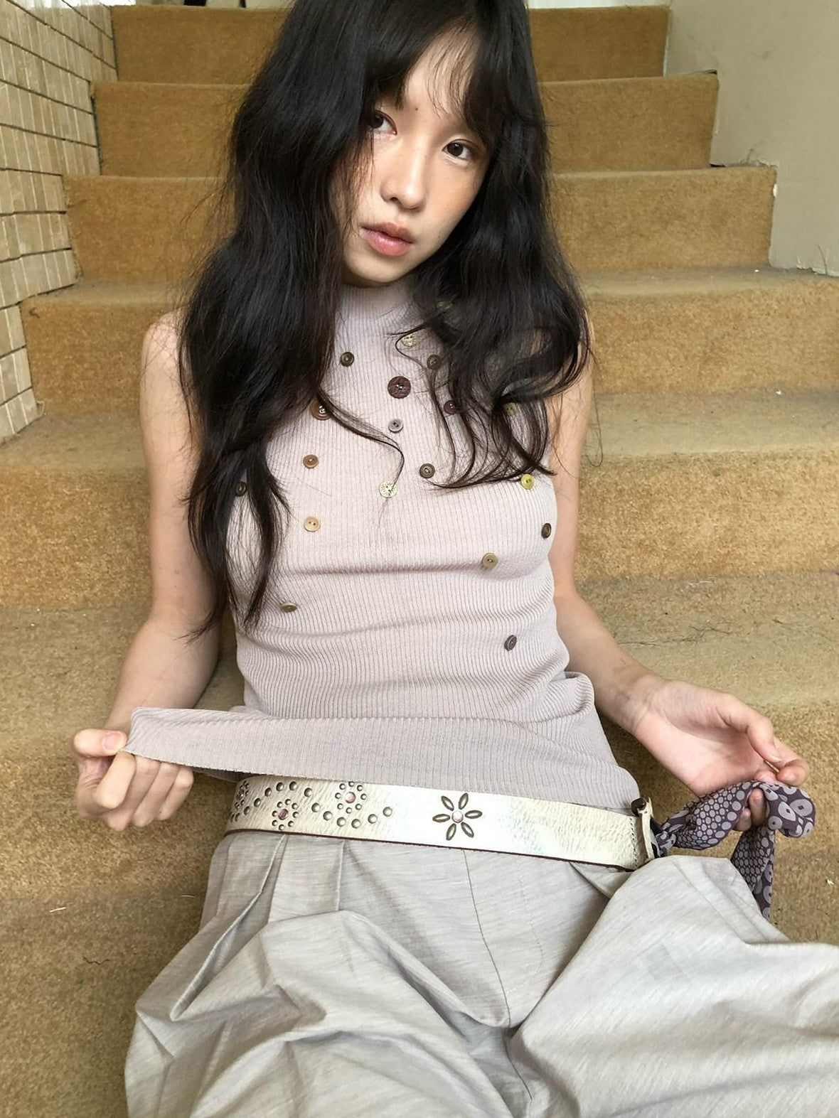 Dorydory Light Grey Purple Button Knit Women&