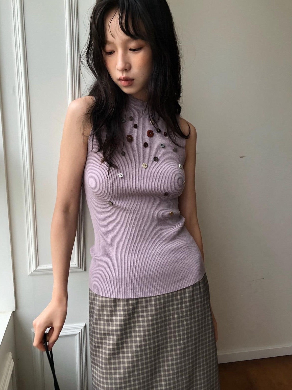 Dorydory Light Grey Purple Button Knit Women&