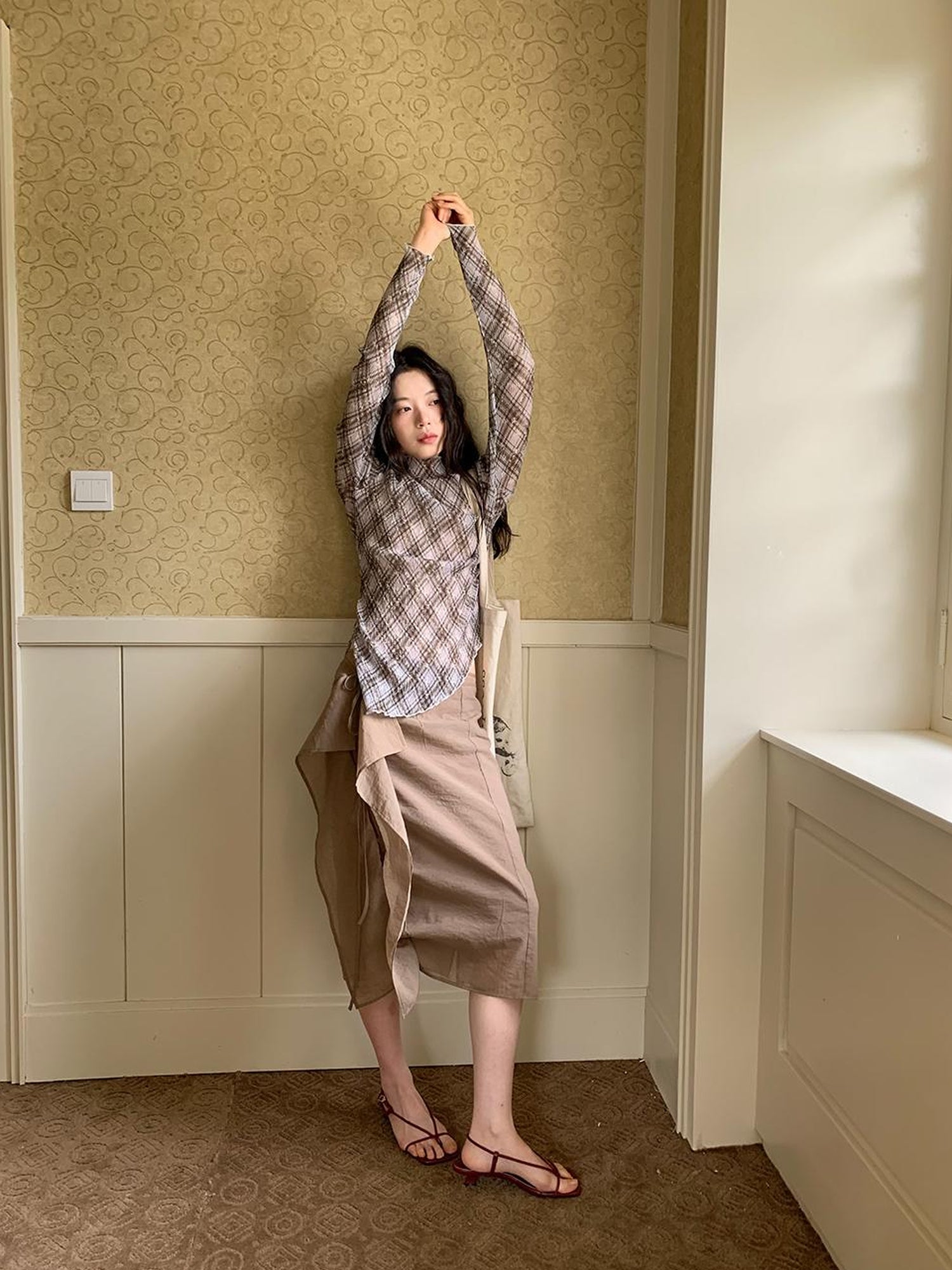 Dorydory Low Saturation Mocha Chiffon Wrap Hem Floral Skirt