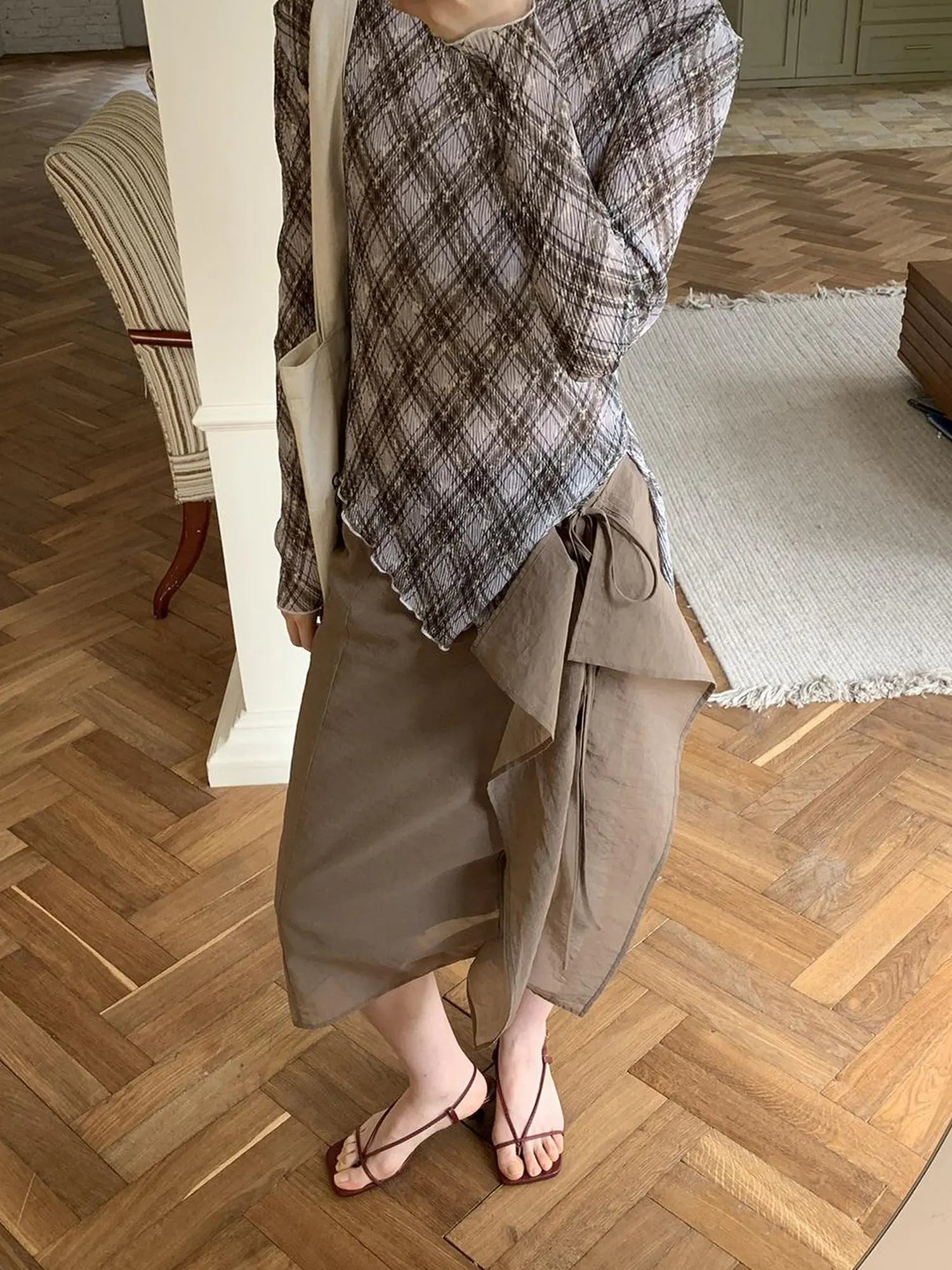 Low Saturation Mocha Chiffon Wrap Hem Floral Skirt