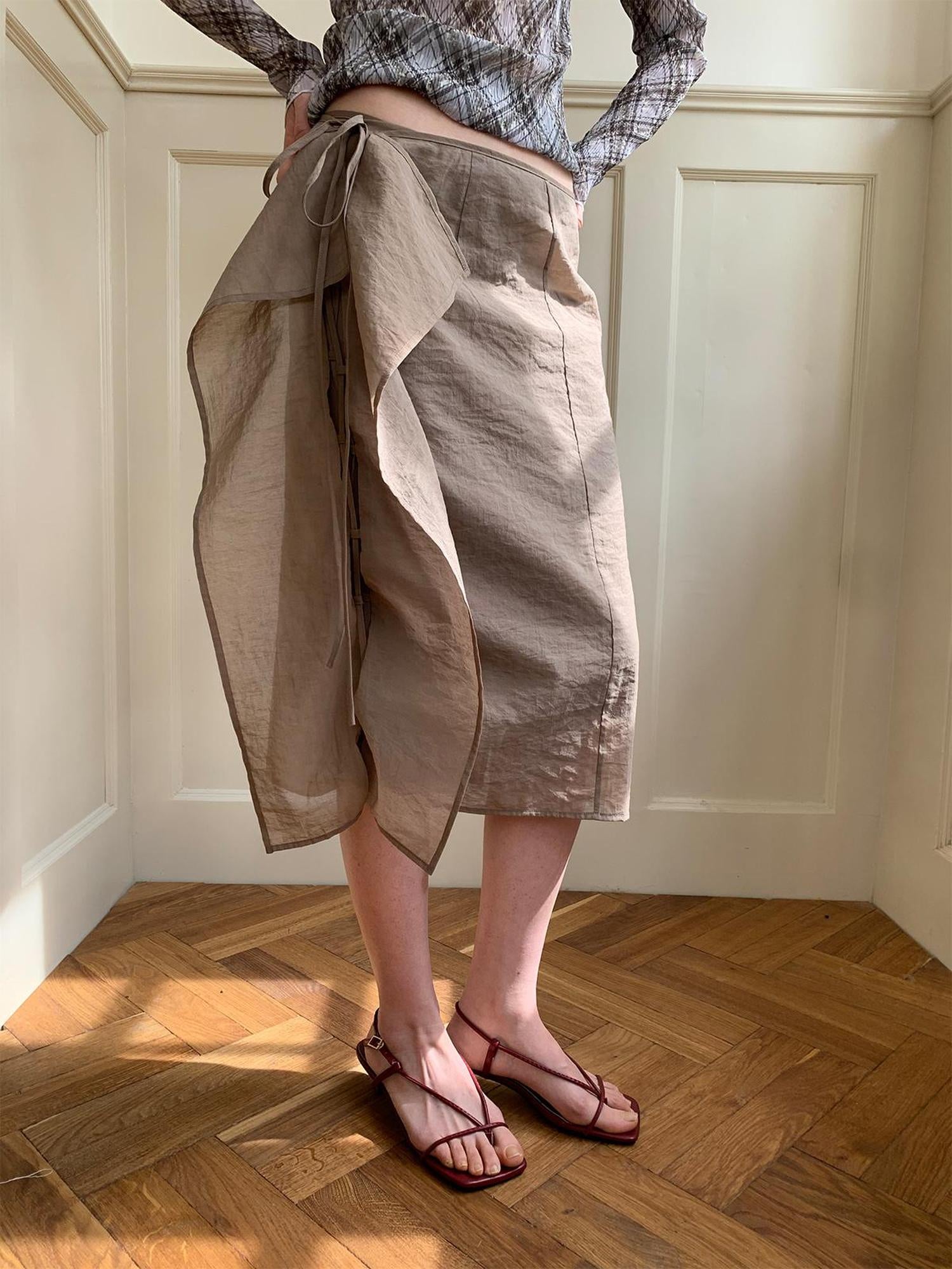 Dorydory Low Saturation Mocha Chiffon Wrap Hem Floral Skirt