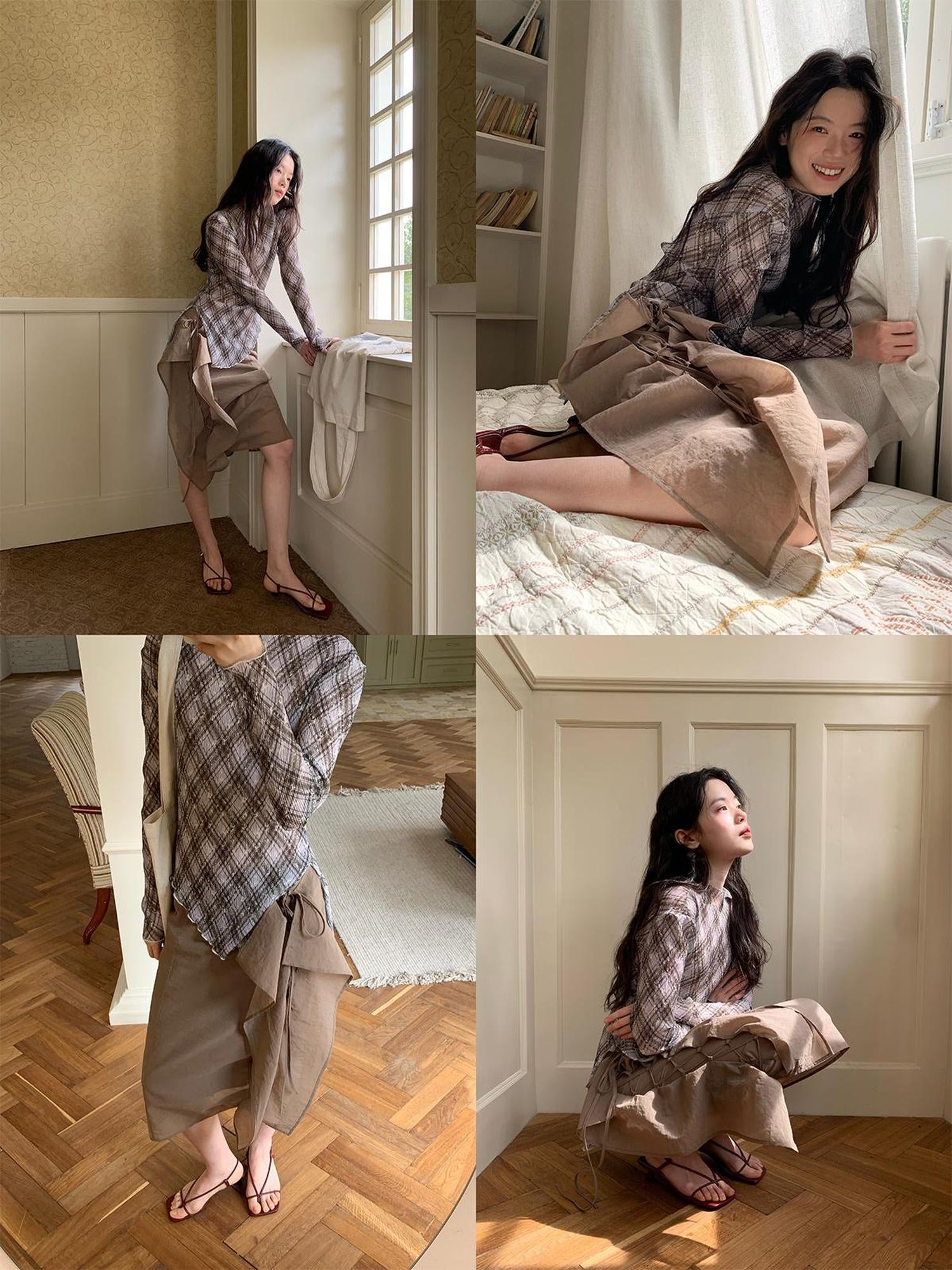Dorydory Low Saturation Mocha Chiffon Wrap Hem Floral Skirt