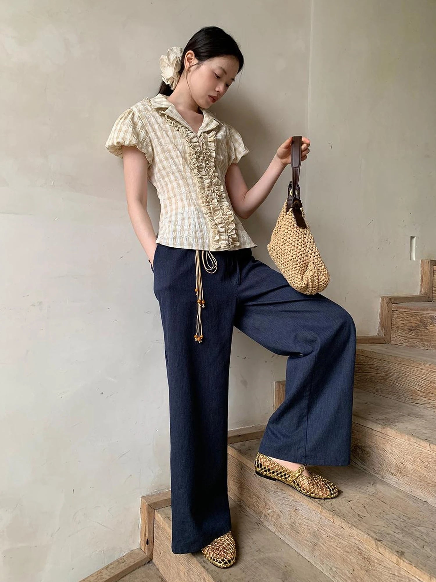 Lyocell Blend Wide Leg Trousers With Elastic Waist