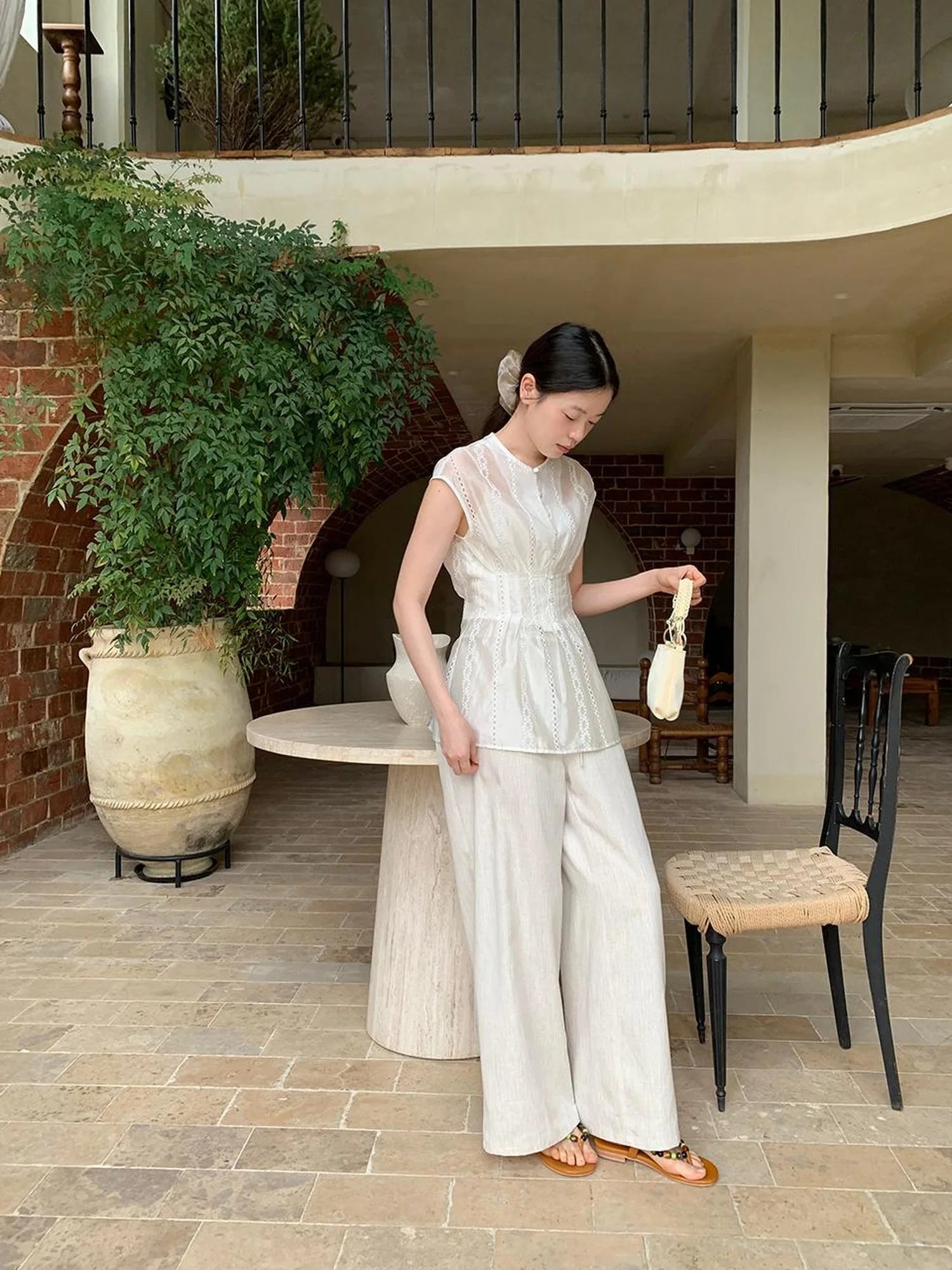 Lyocell Blend Wide Leg Trousers With Elastic Waist