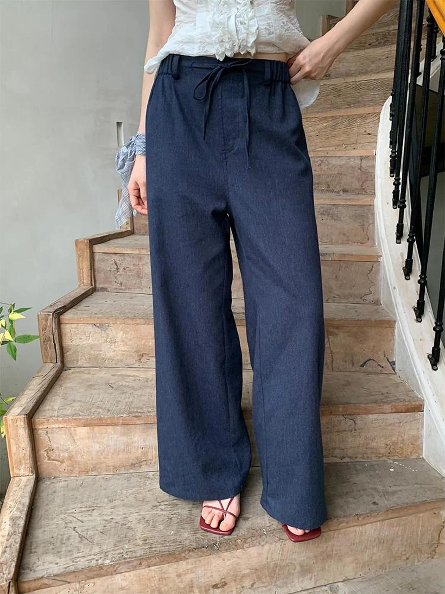 Lyocell Blend Wide Leg Trousers With Elastic Waist