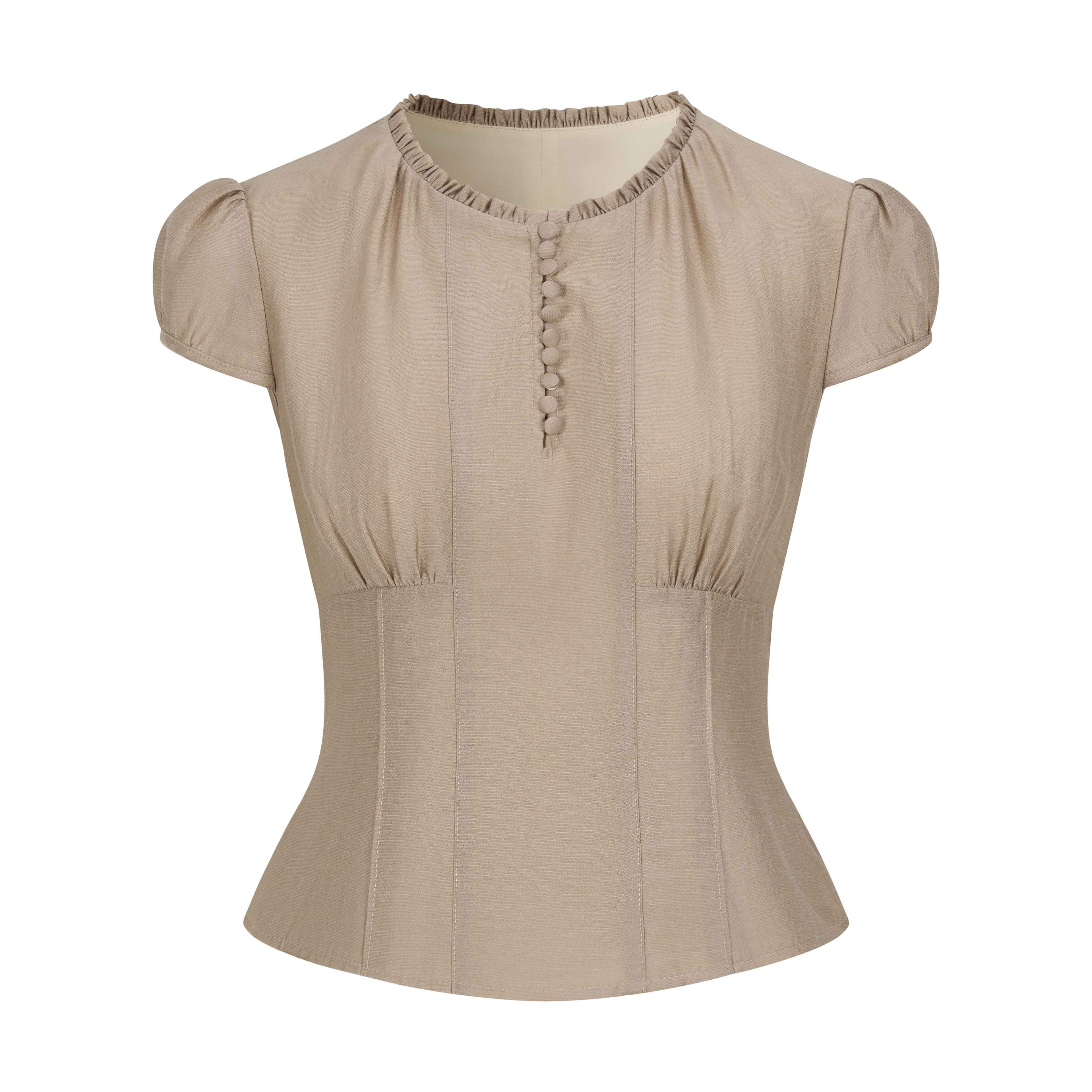 Dorydory_Milk_Tea_Puff_Sleeve_Waist_Cinch_Round_Neck_Women&