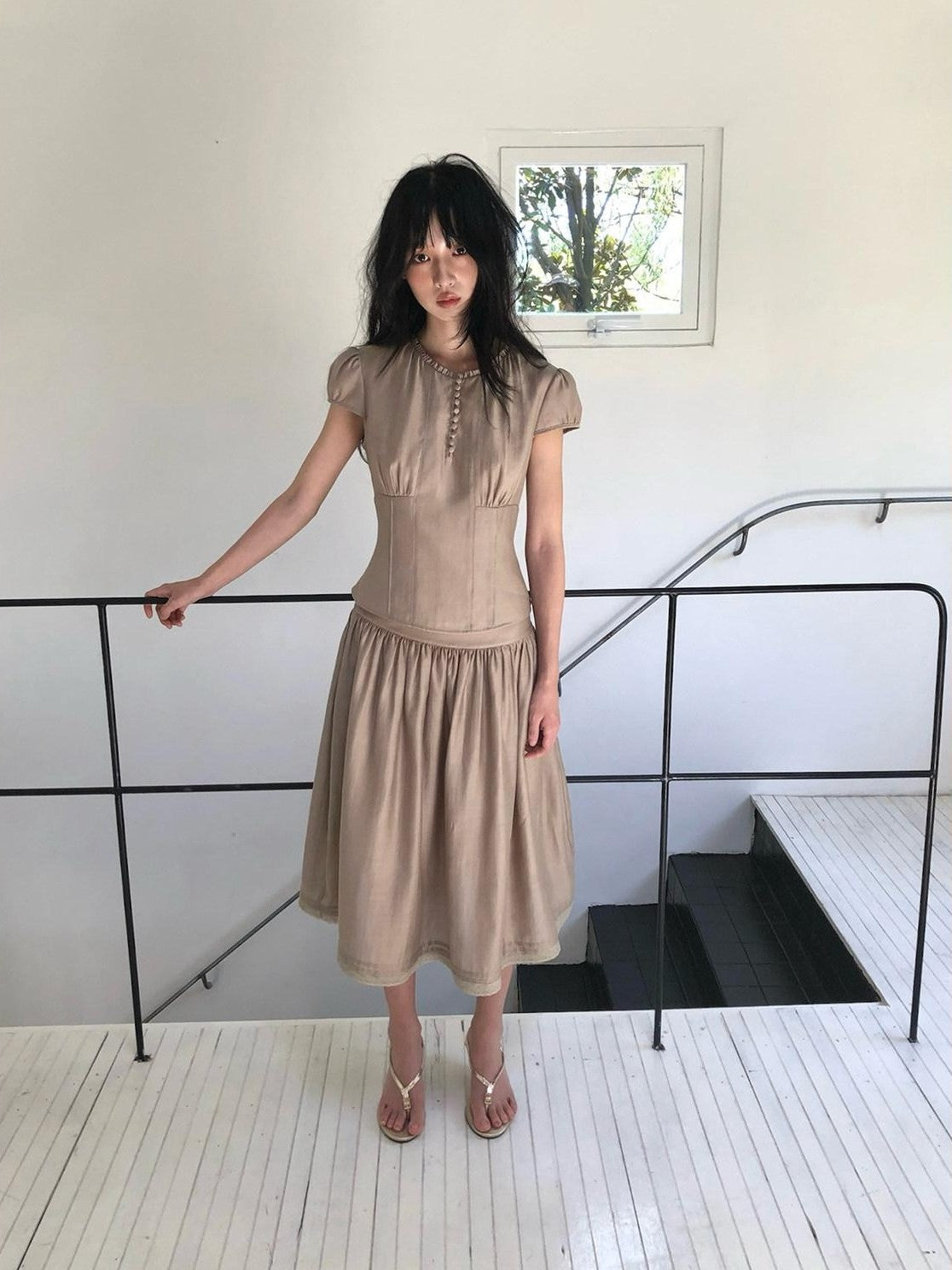 Dorydory Milk Tea Puff Sleeve Waist Cinch Round Neck Women&