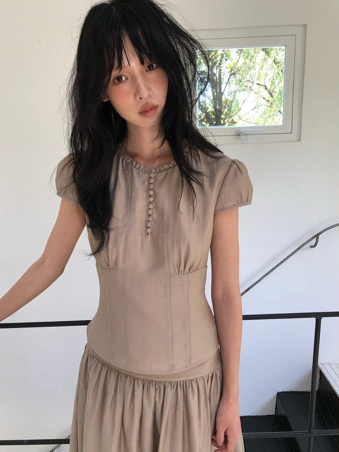 Dorydory Milk Tea Puff Sleeve Waist Cinch Round Neck Women&
