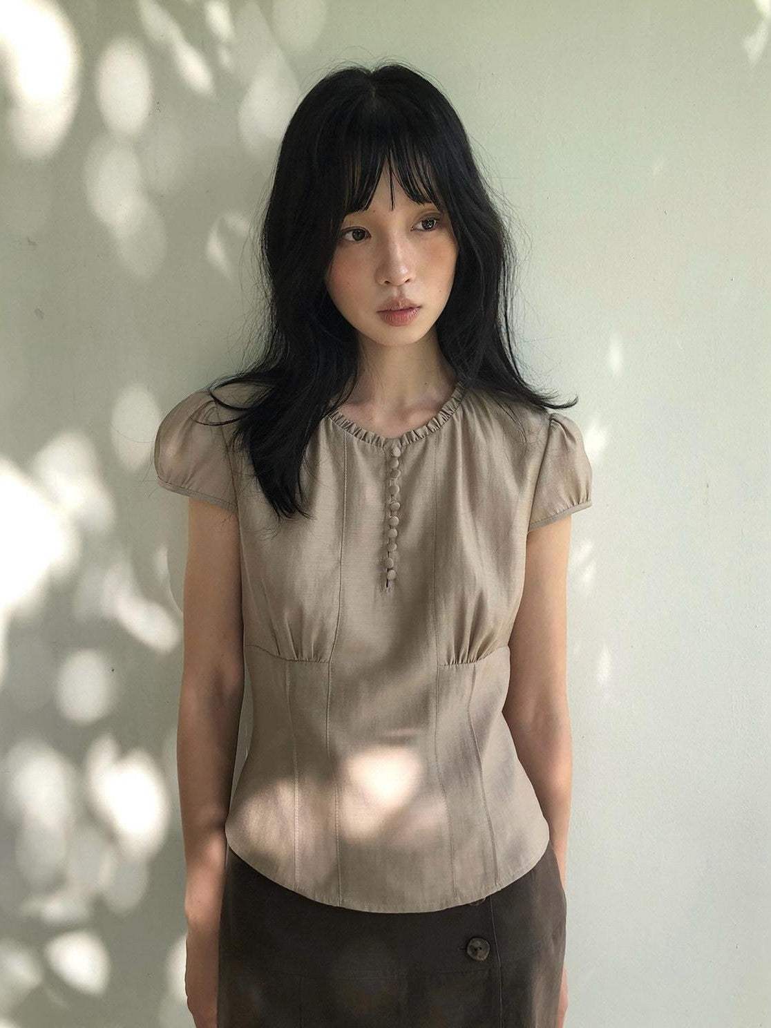 Dorydory Milk Tea Puff Sleeve Waist Cinch Round Neck Women&