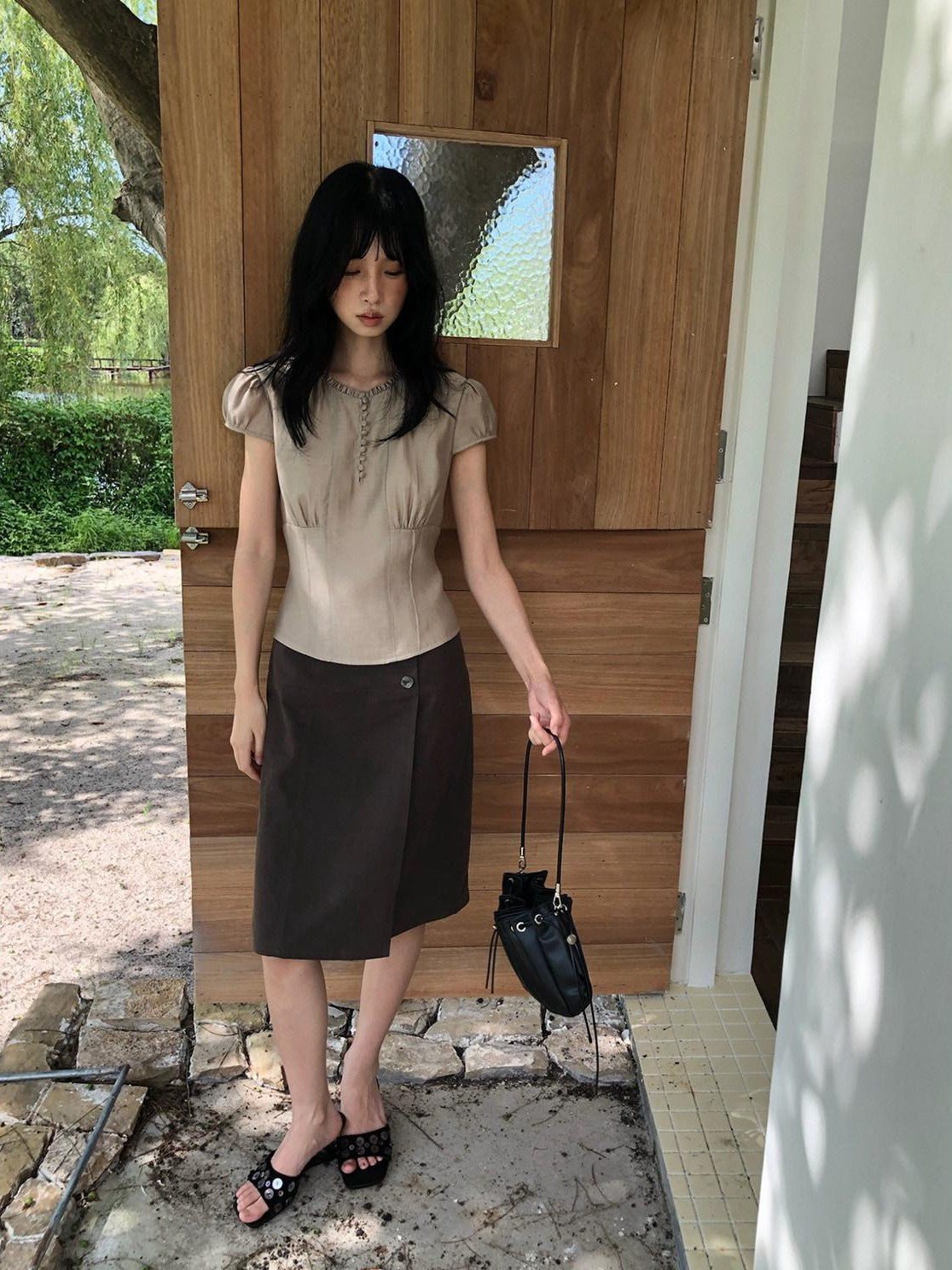 Dorydory Milk Tea Puff Sleeve Waist Cinch Round Neck Women&