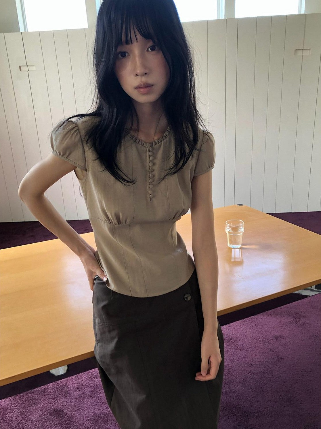 Dorydory Milk Tea Puff Sleeve Waist Cinch Round Neck Women&