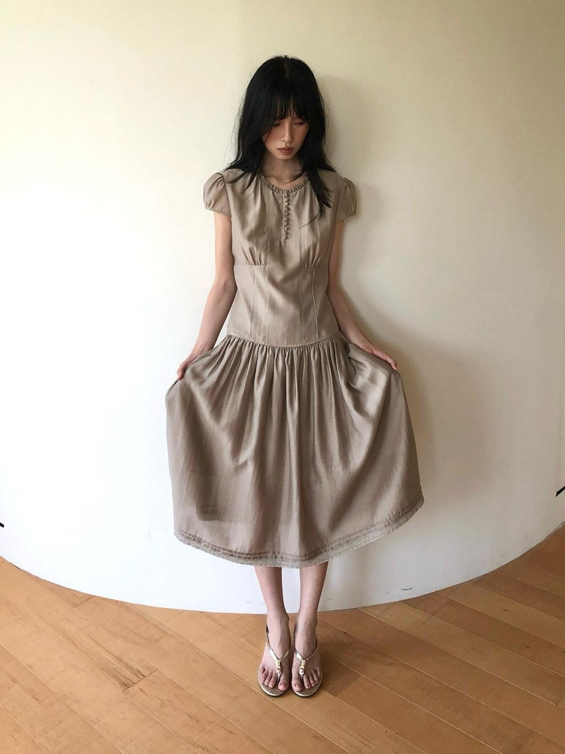 Dorydory Milk Tea Puff Sleeve Waist Cinch Round Neck Women&