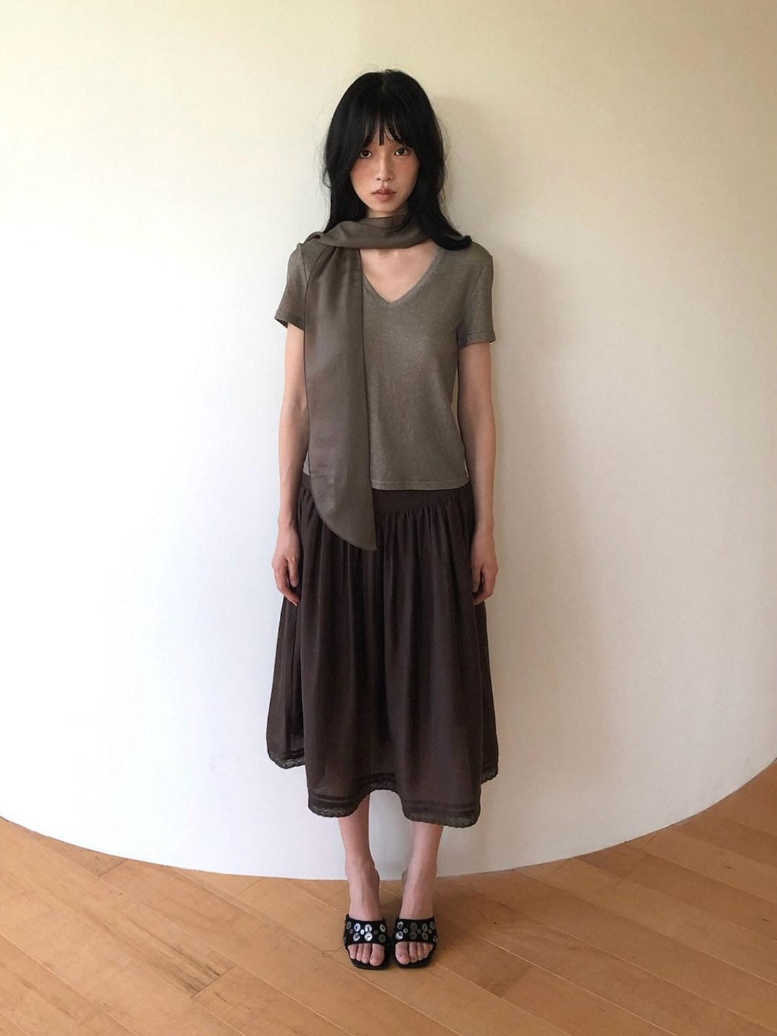 Dorydory Milk Tea Tie Waist Tuck Pleat Lace High Waist Women&