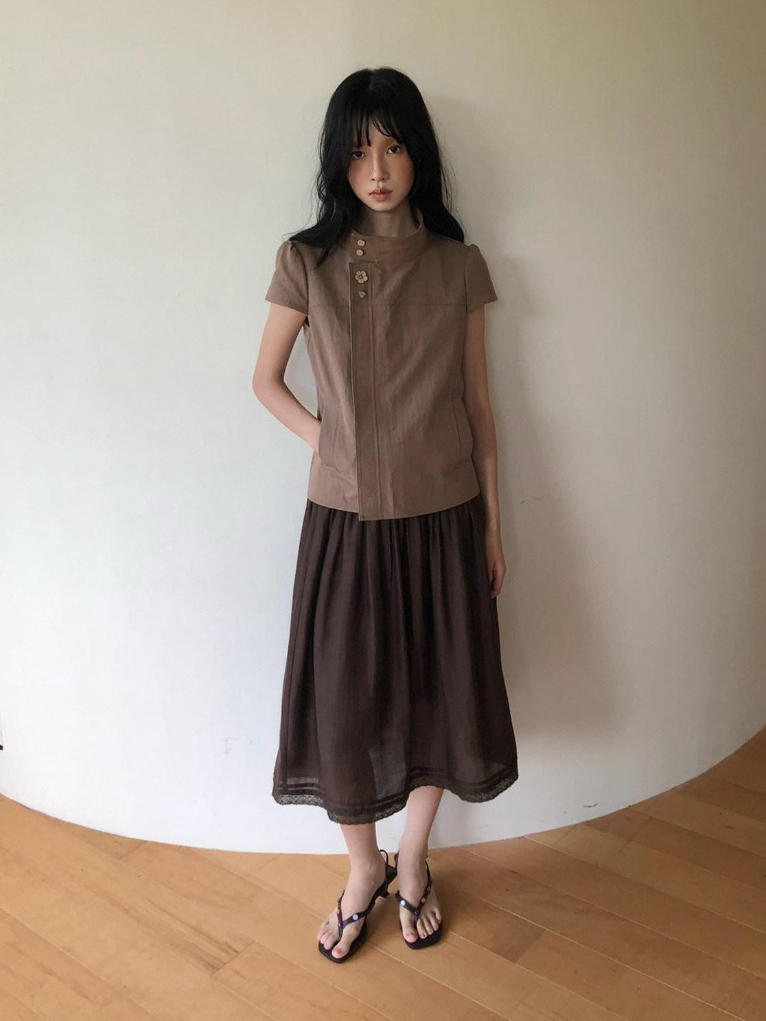 Dorydory Milk Tea Tie Waist Tuck Pleat Lace High Waist Women&