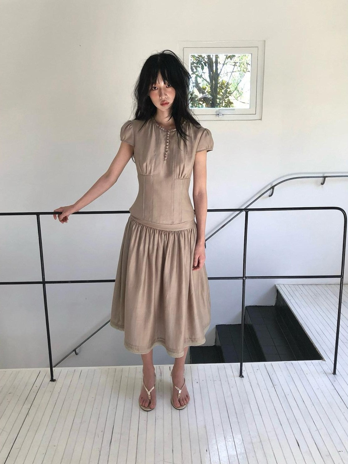 Dorydory Milk Tea Tie Waist Tuck Pleat Lace High Waist Women&