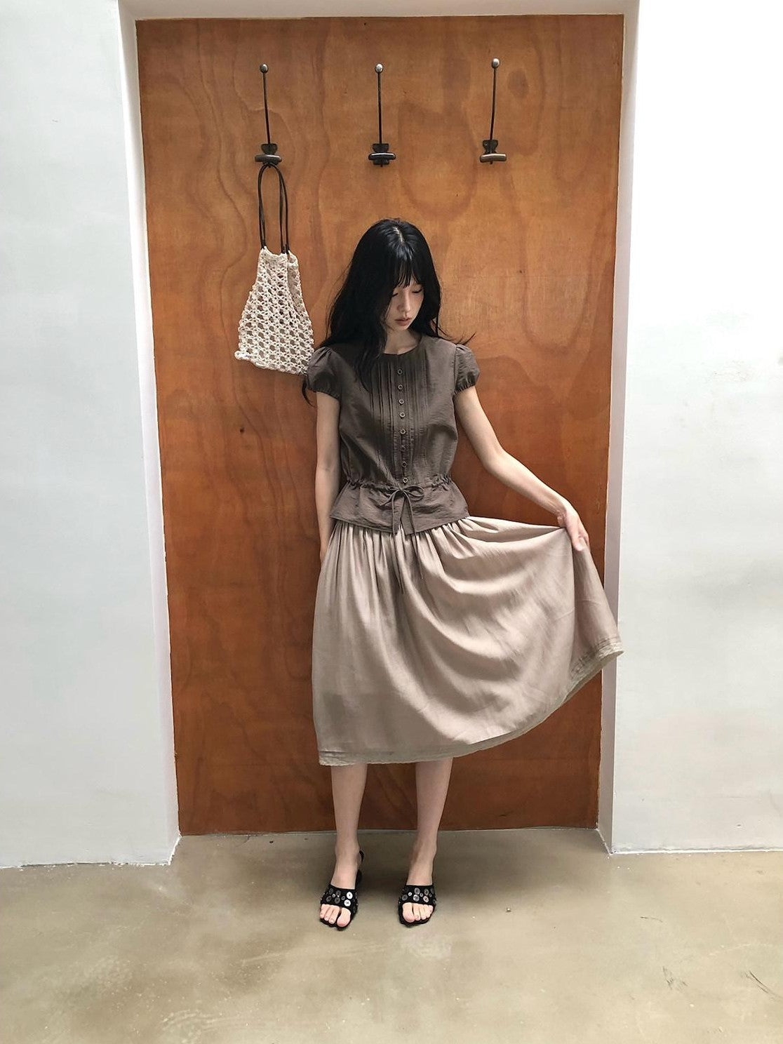 Dorydory Milk Tea Tie Waist Tuck Pleat Lace High Waist Women&