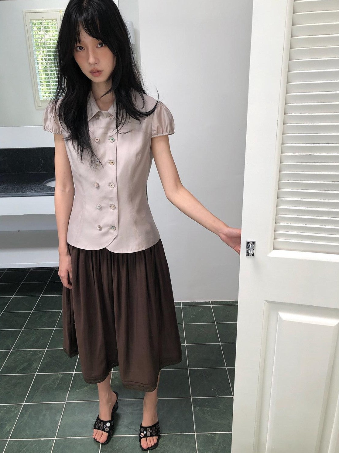 Dorydory Milk Tea Tie Waist Tuck Pleat Lace High Waist Women&