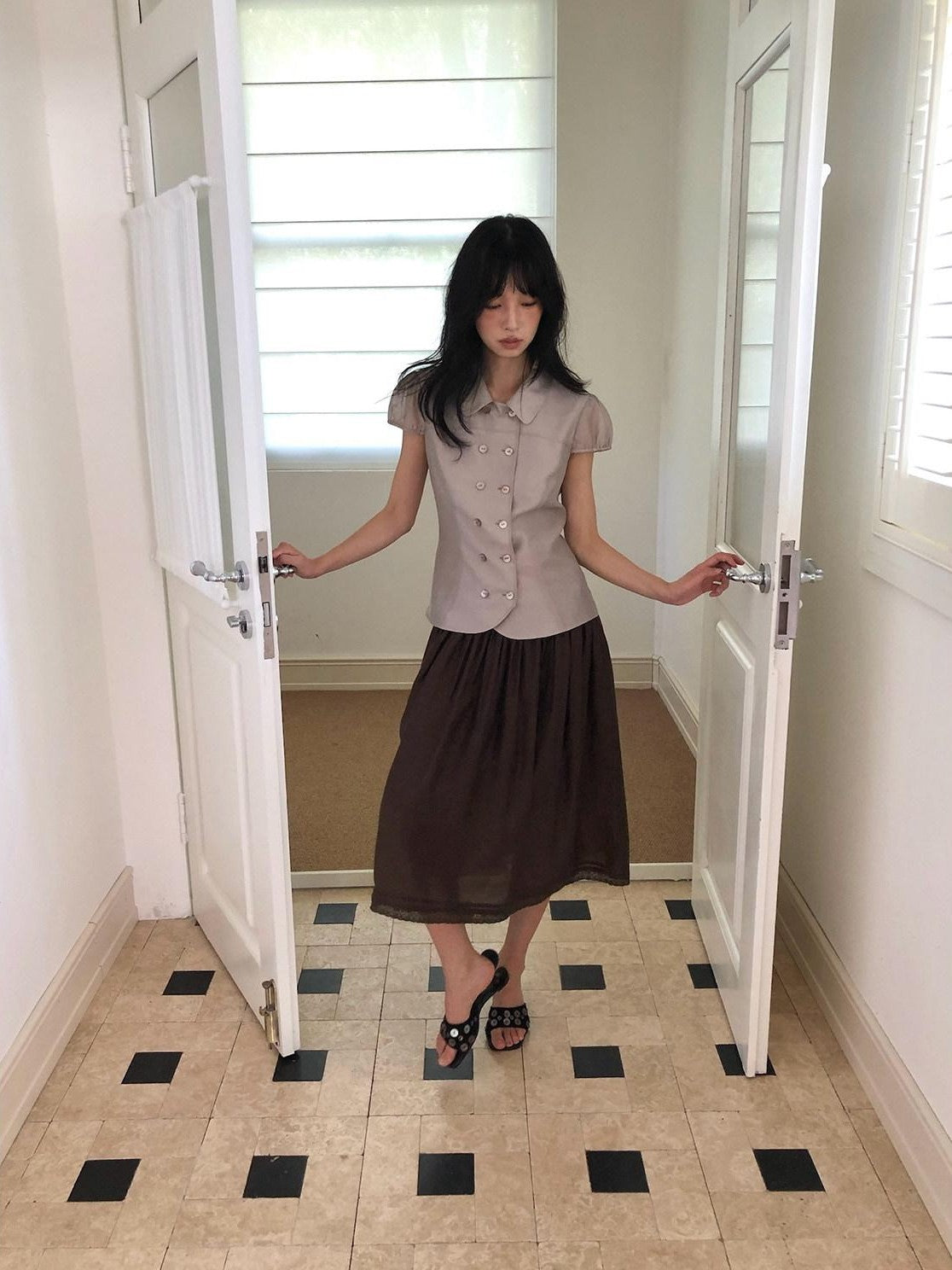 Dorydory Milk Tea Tie Waist Tuck Pleat Lace High Waist Women&