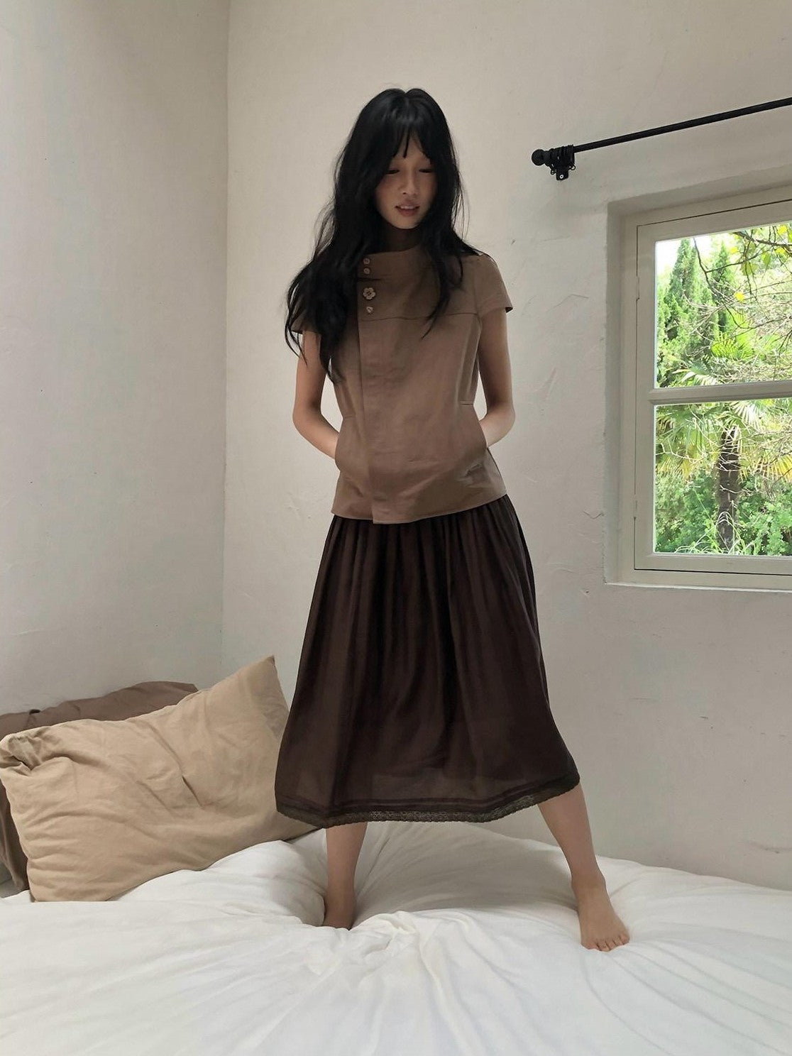 Dorydory Milk Tea Tie Waist Tuck Pleat Lace High Waist Women&