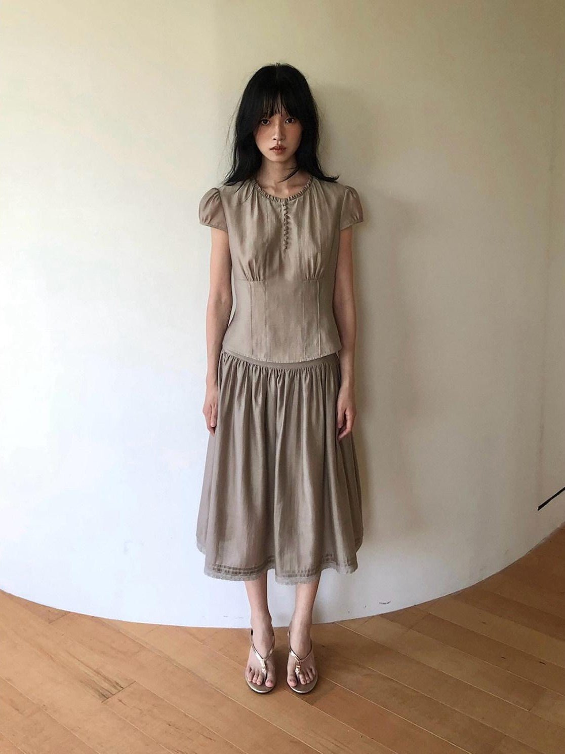 Dorydory Milk Tea Tie Waist Tuck Pleat Lace High Waist Women&