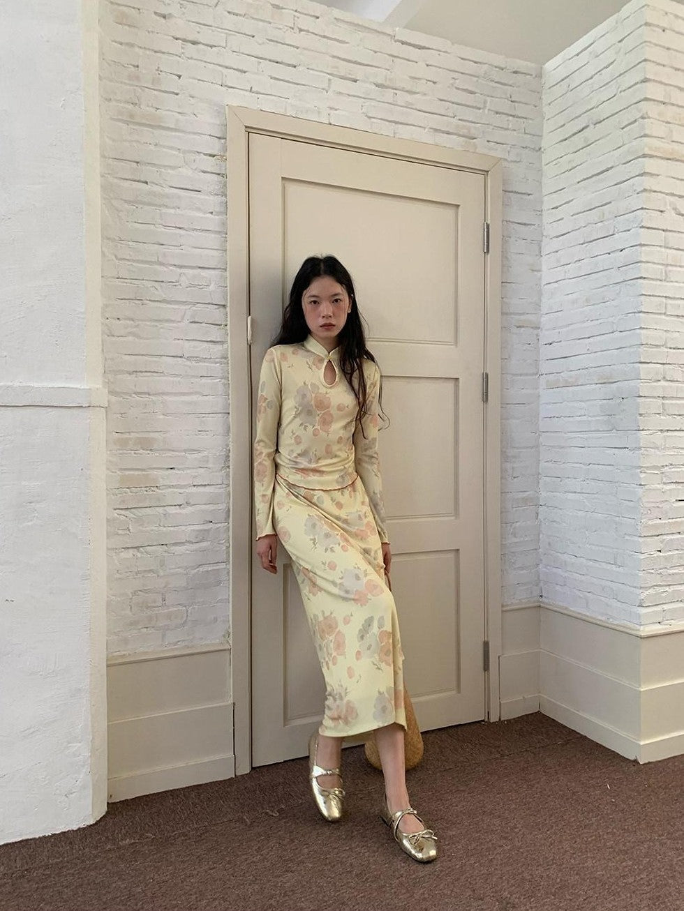 Dorydory Milky Yellow New Chinese Style Floral Stand Collar Women&