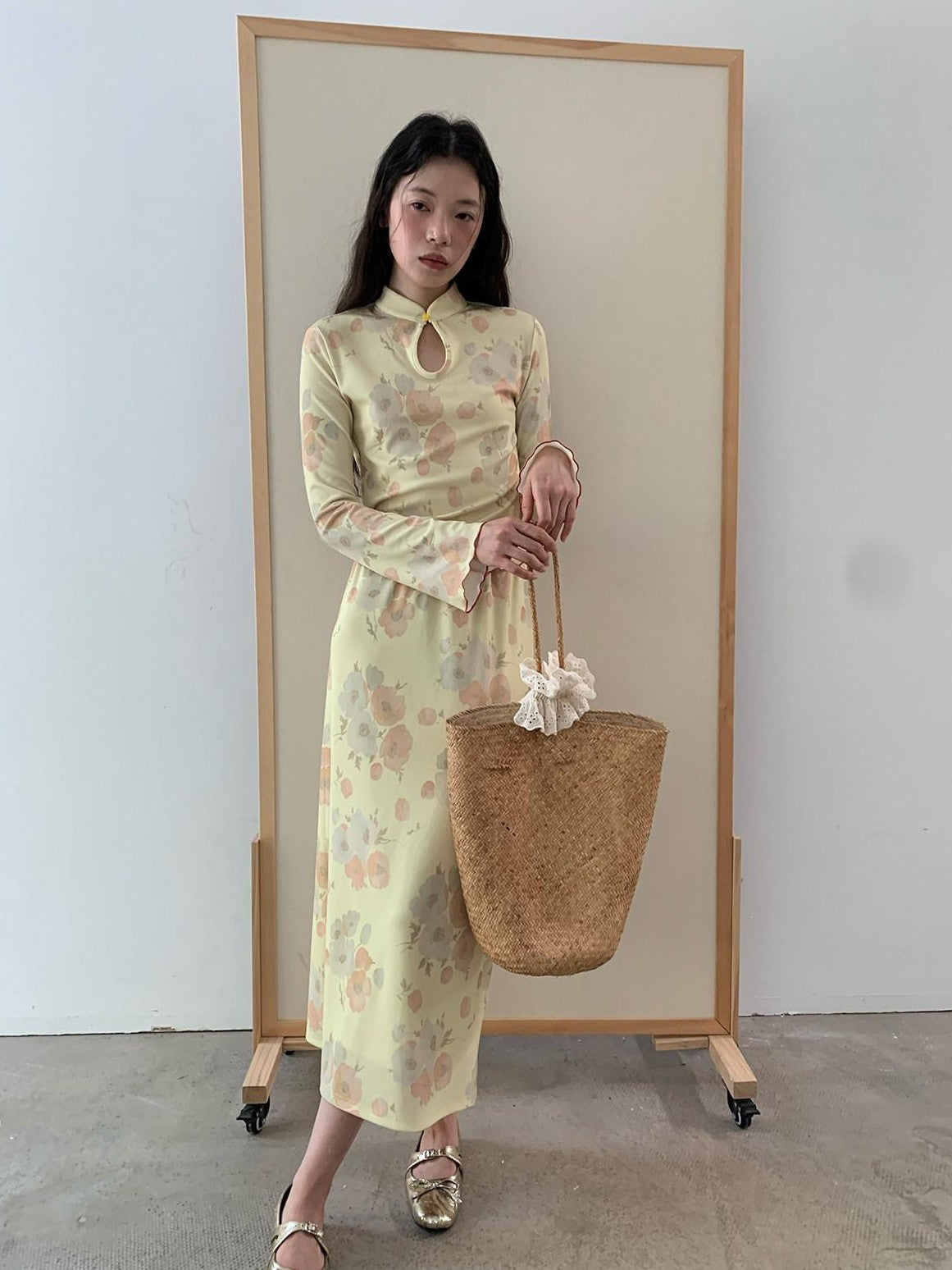 Dorydory Milky Yellow New Chinese Style Floral Stand Collar Women&