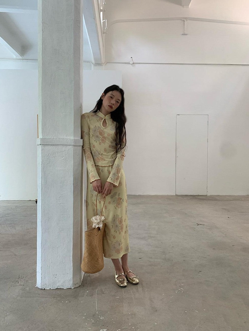Dorydory Milky Yellow New Chinese Style Floral Stand Collar Women&