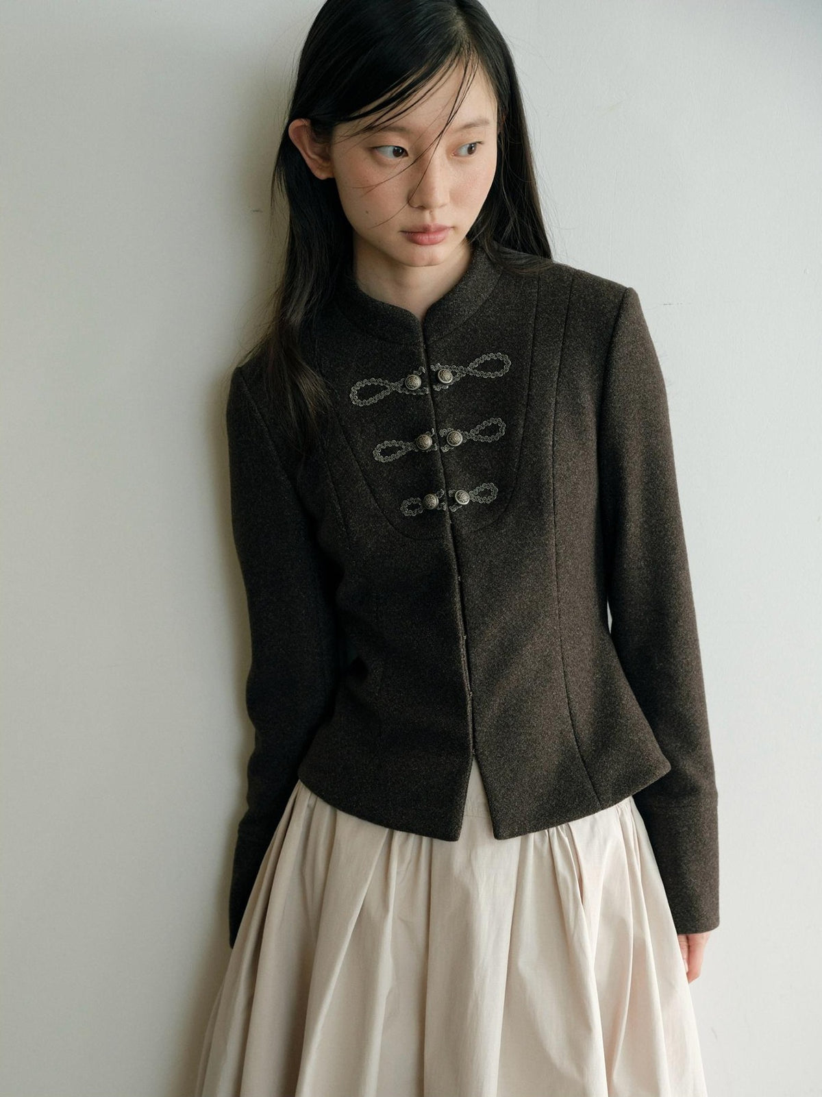 Dorydory Minimalist Stand Collar Button Wool Blend Women&