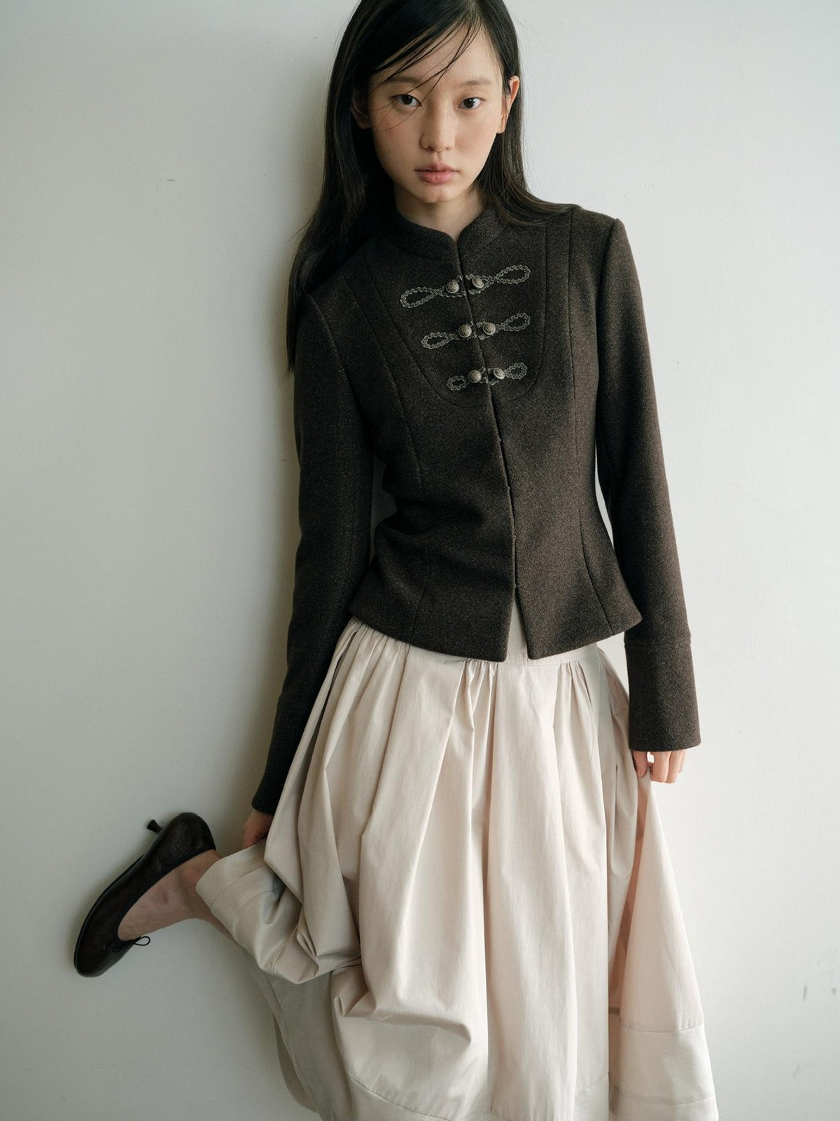 Dorydory Minimalist Stand Collar Button Wool Blend Women&