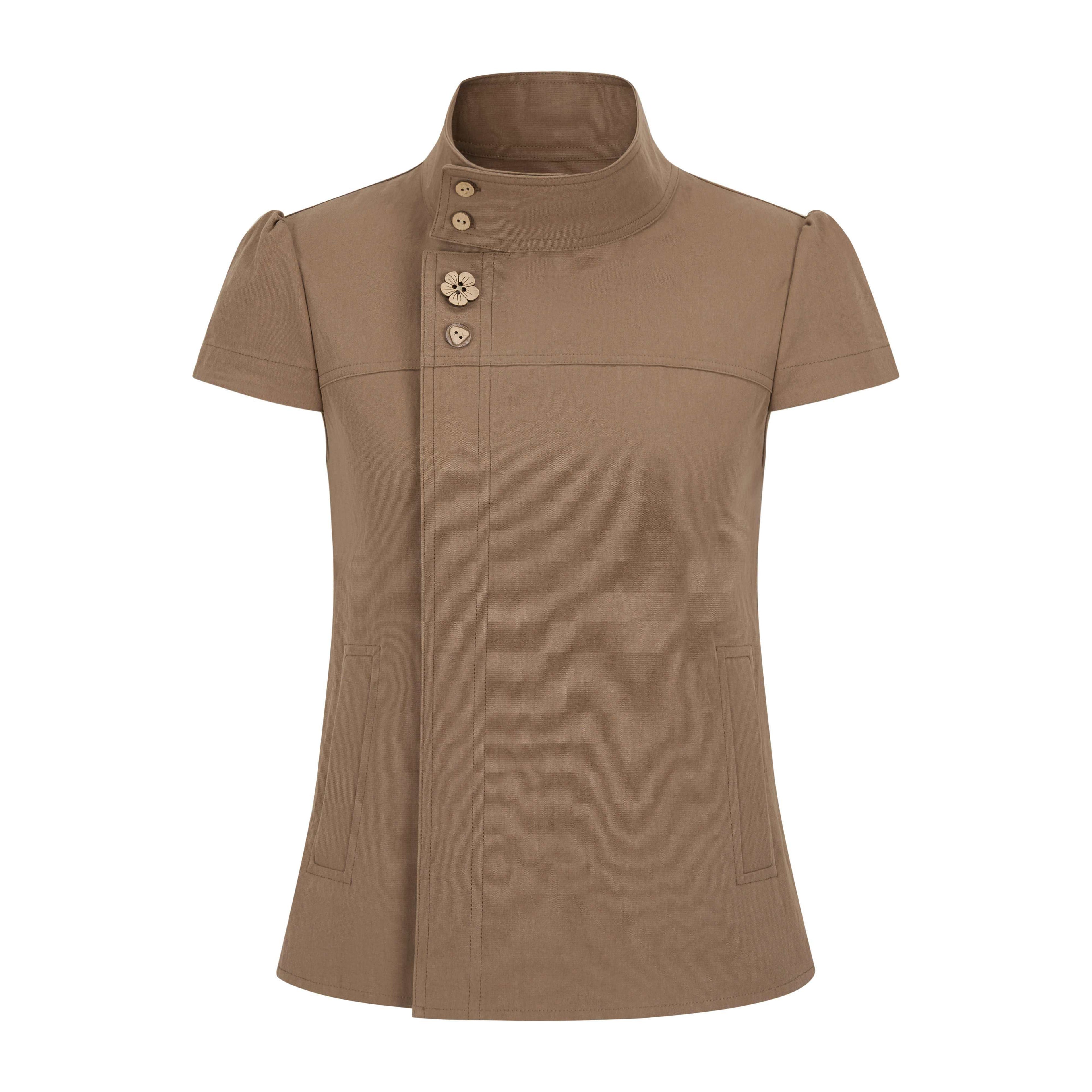 Dorydory_Mocha_A_Line_Raglan_High_Collar_Slim_Button_Women&