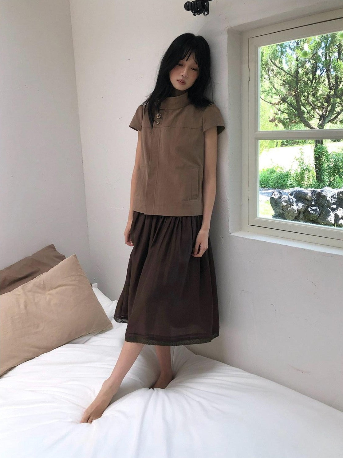 Dorydory Mocha A Line Raglan High Collar Slim Button Women&
