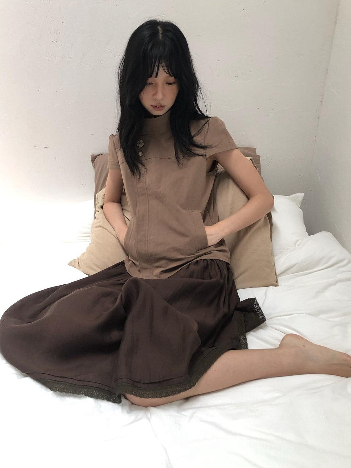 Dorydory Mocha A Line Raglan High Collar Slim Button Women&