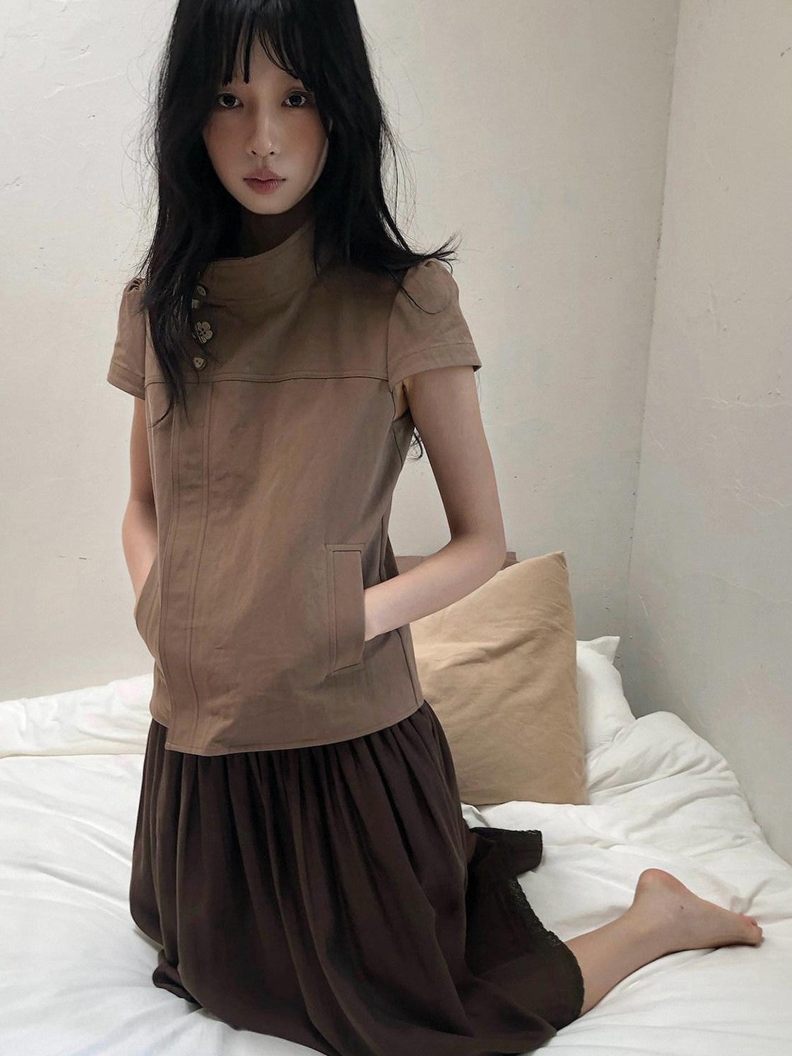 Dorydory Mocha A Line Raglan High Collar Slim Button Women&