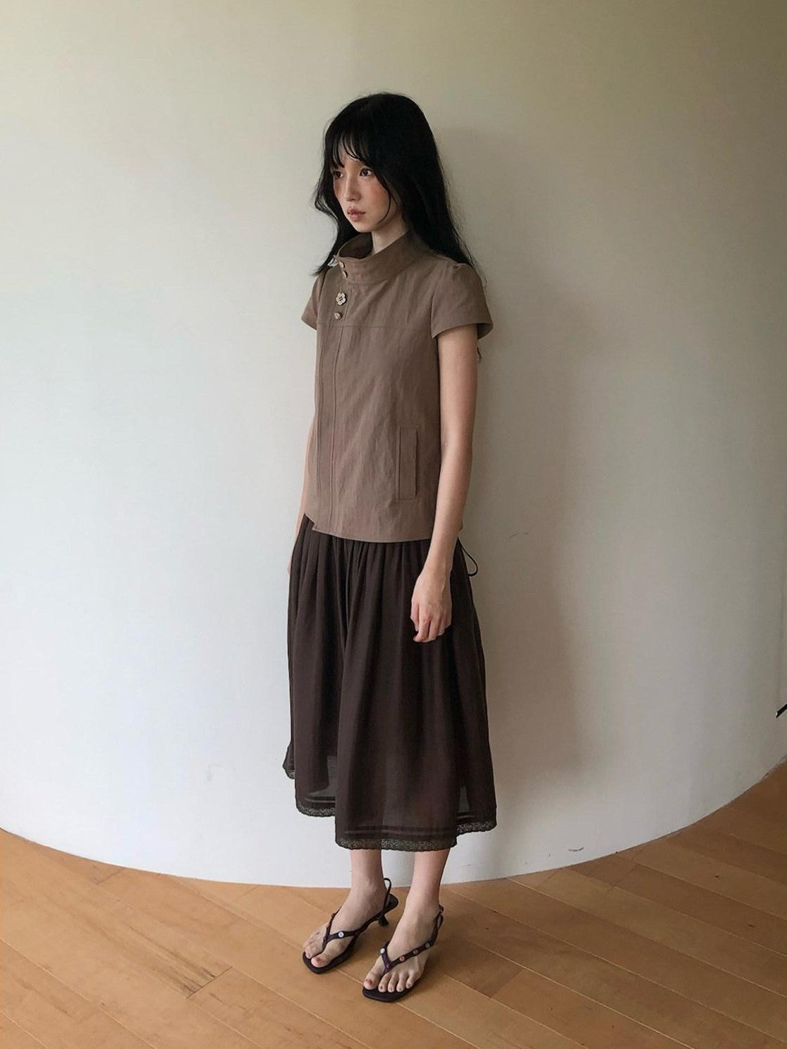 Dorydory Mocha A Line Raglan High Collar Slim Button Women&