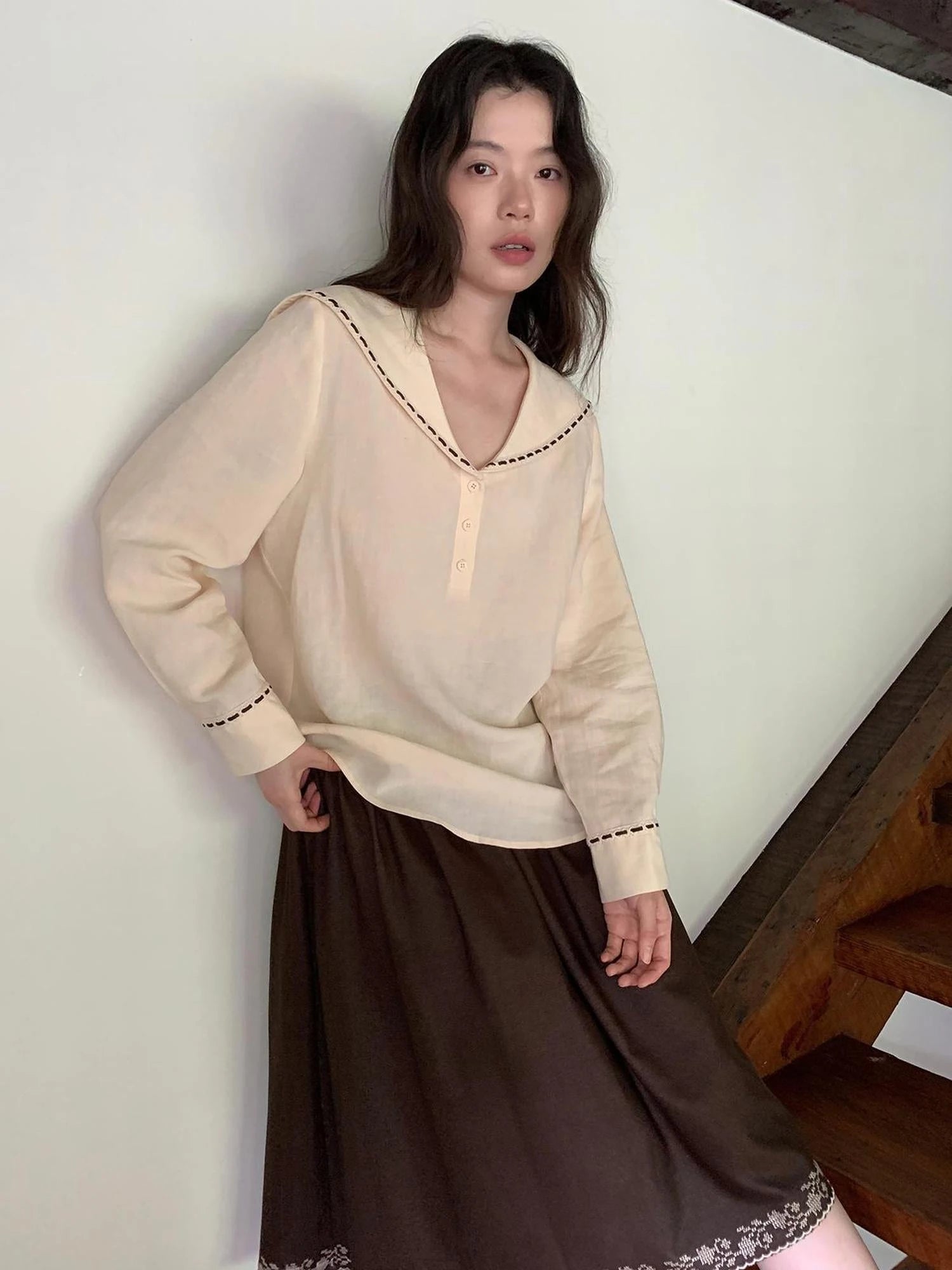 Navy Collar Relaxed Fit Tease Linen Blend Shirt