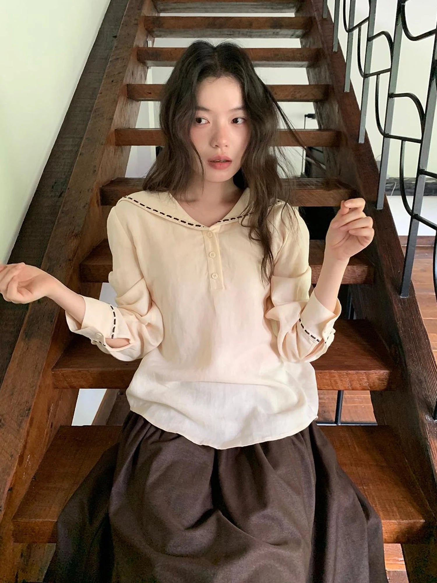 Navy Collar Relaxed Fit Tease Linen Blend Shirt