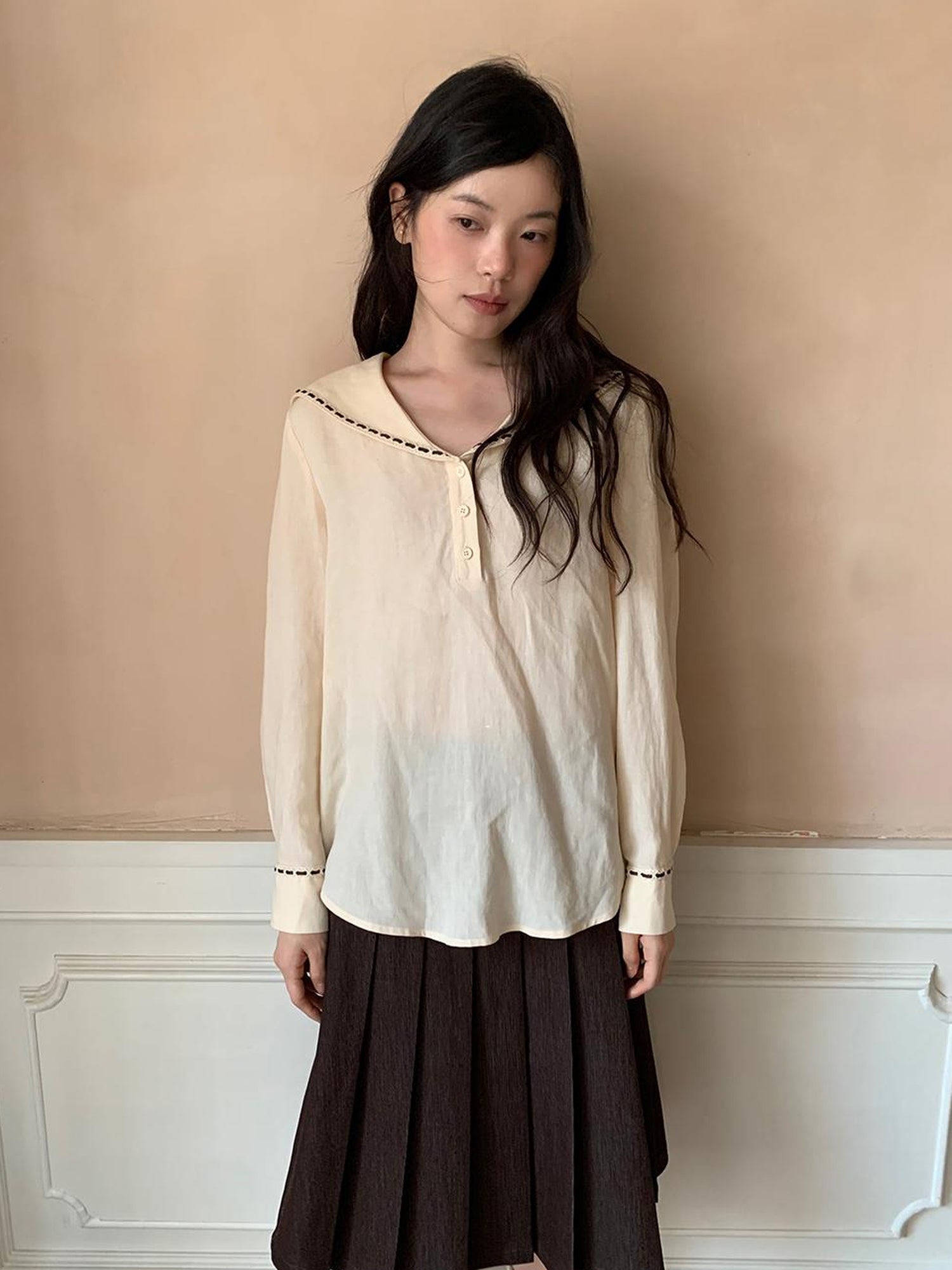 Dorydory Navy Collar Relaxed Fit Tease Linen Blend Shirt