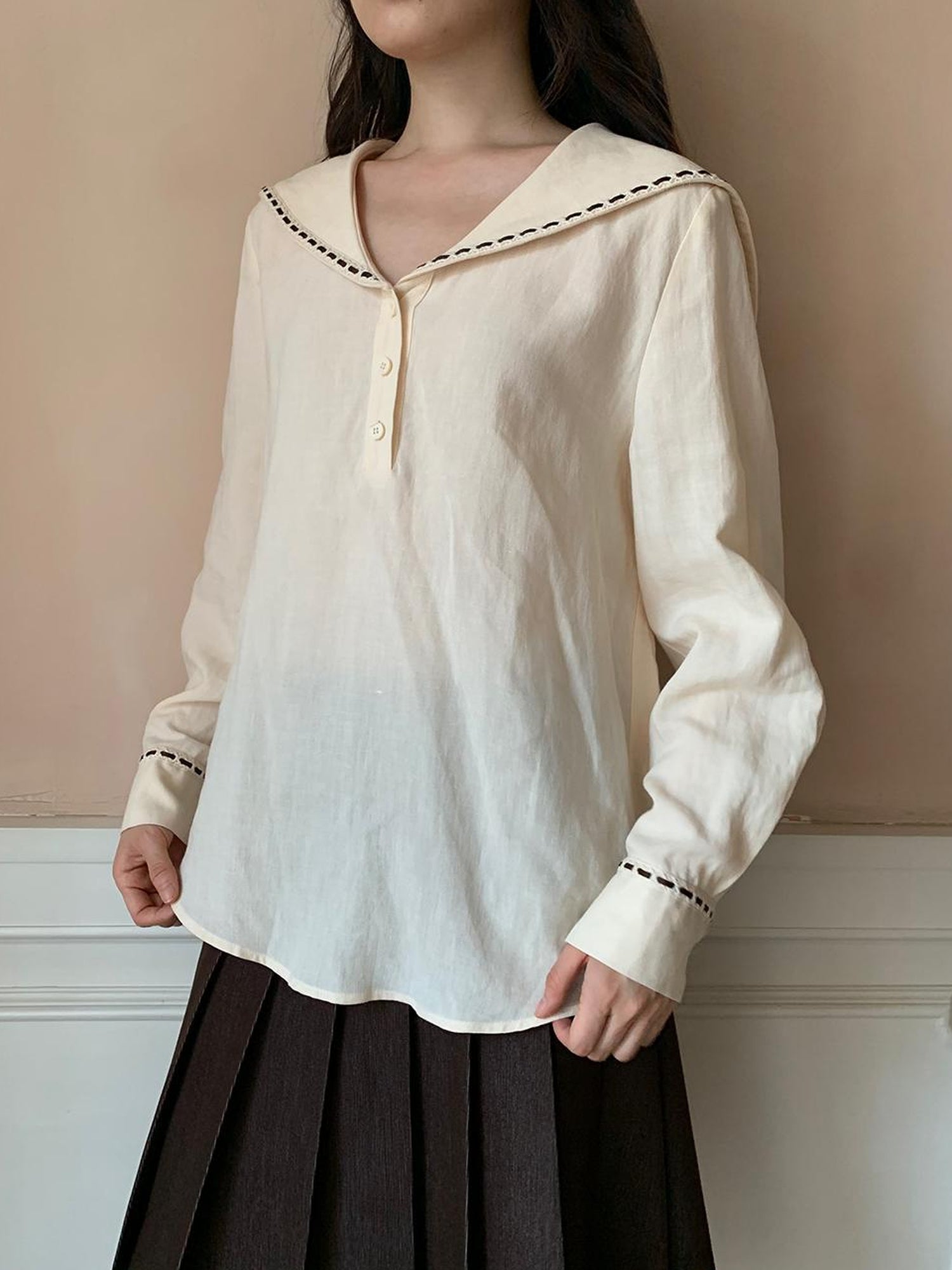 Dorydory Navy Collar Relaxed Fit Tease Linen Blend Shirt