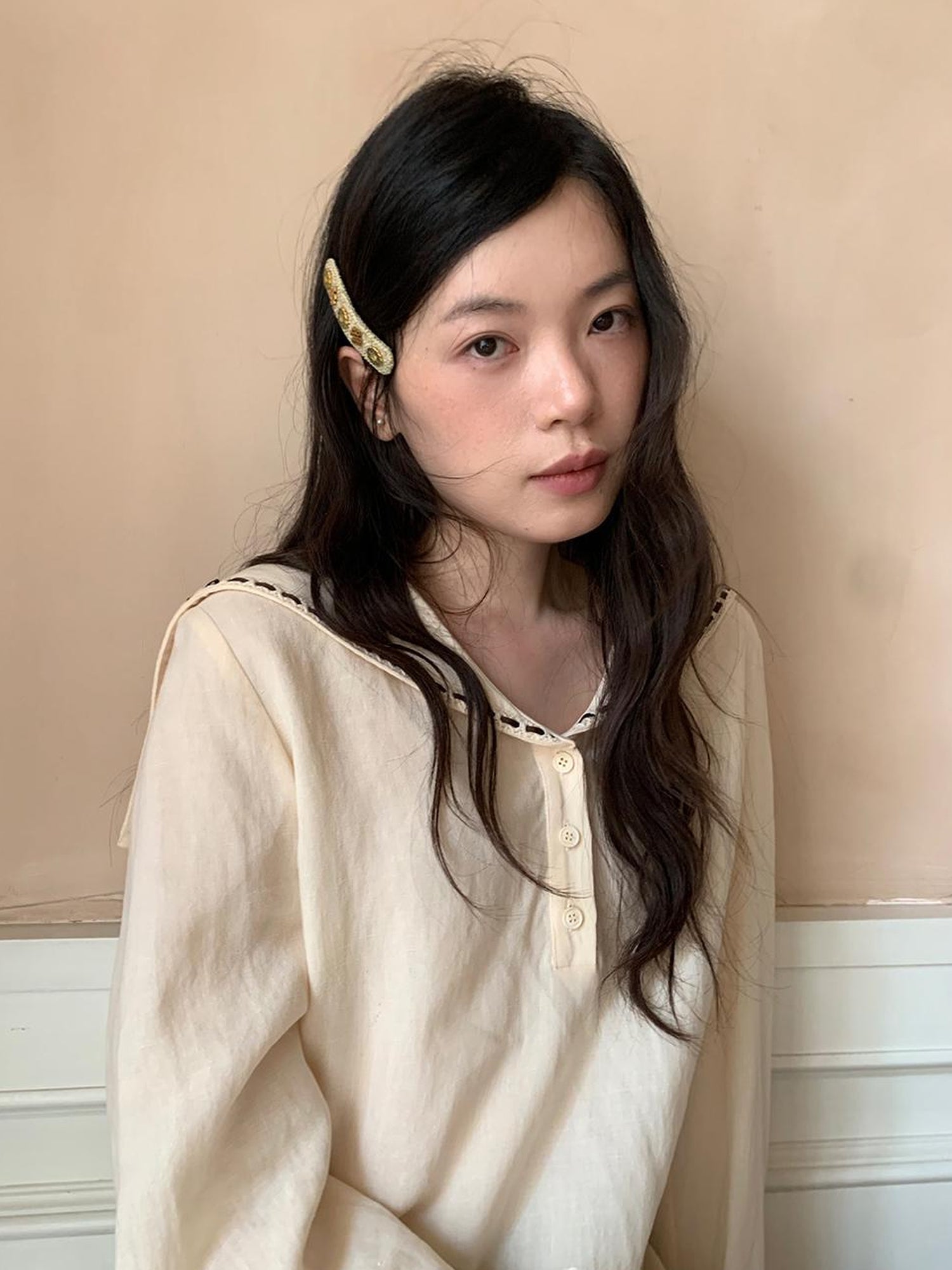 Dorydory Navy Collar Relaxed Fit Tease Linen Blend Shirt
