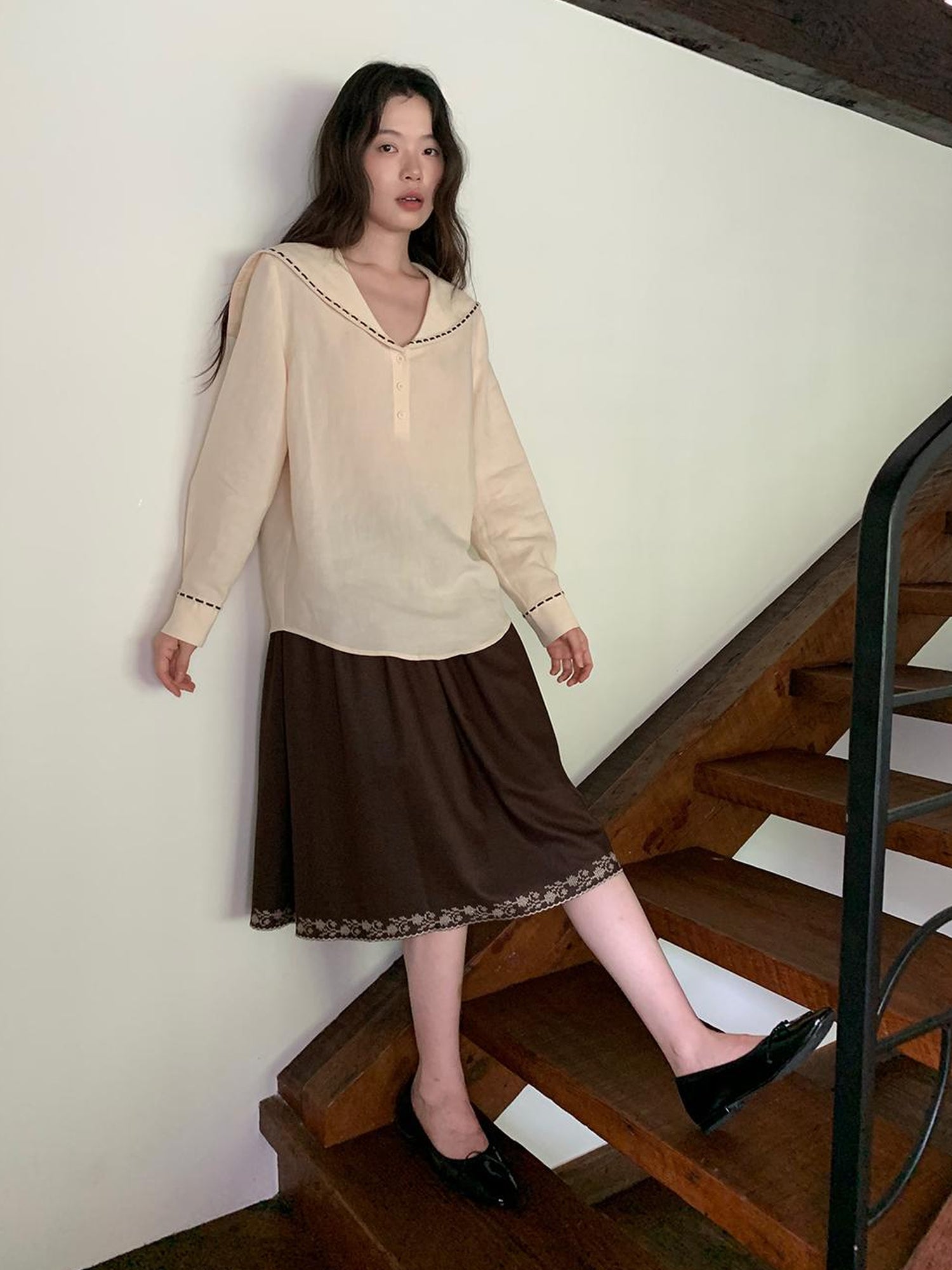 Dorydory Navy Collar Relaxed Fit Tease Linen Blend Shirt
