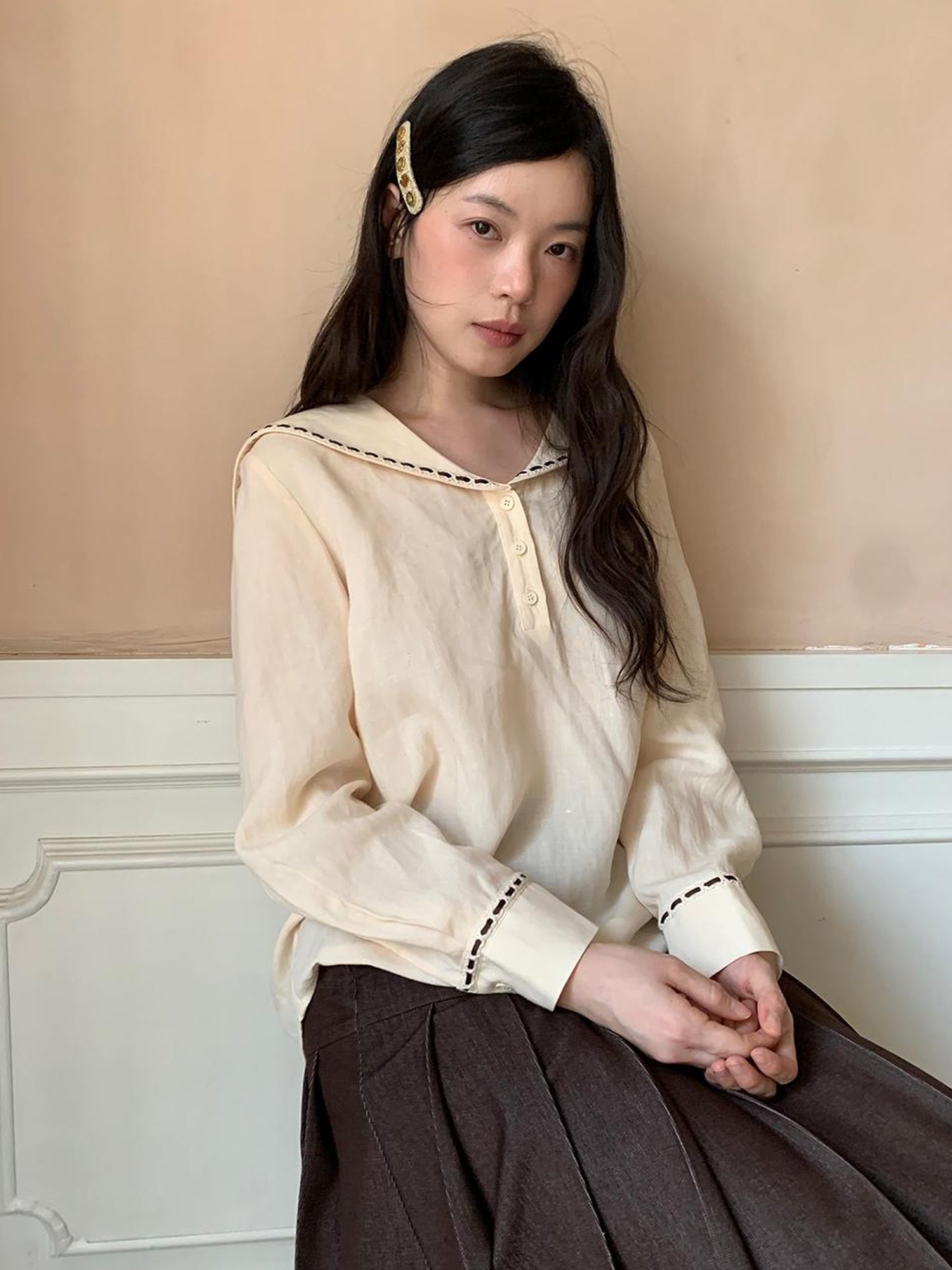 Dorydory Navy Collar Relaxed Fit Tease Linen Blend Shirt
